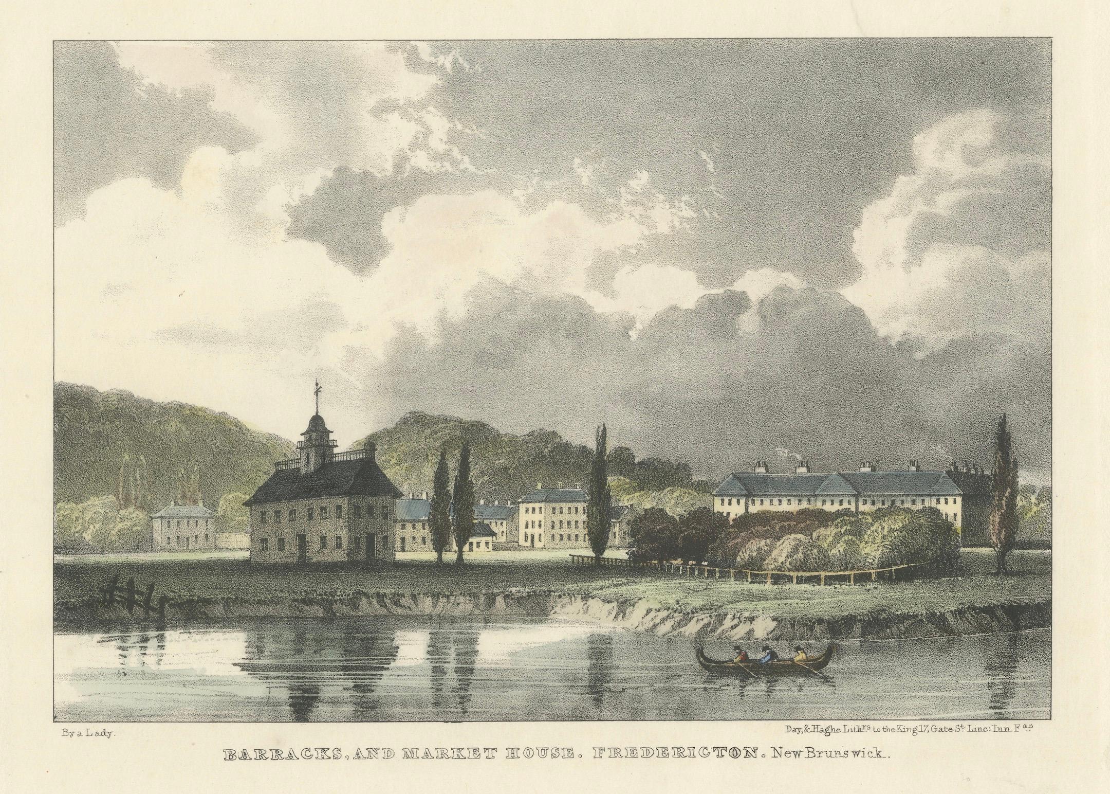 Fredericton's Barracks and Market House: Handkolorierte Lithographie von 1831 (Mittleres 19. Jahrhundert) im Angebot