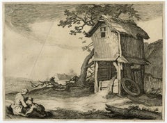 Antique Untitled - Landscape with a farm and a woman delousing a child.
