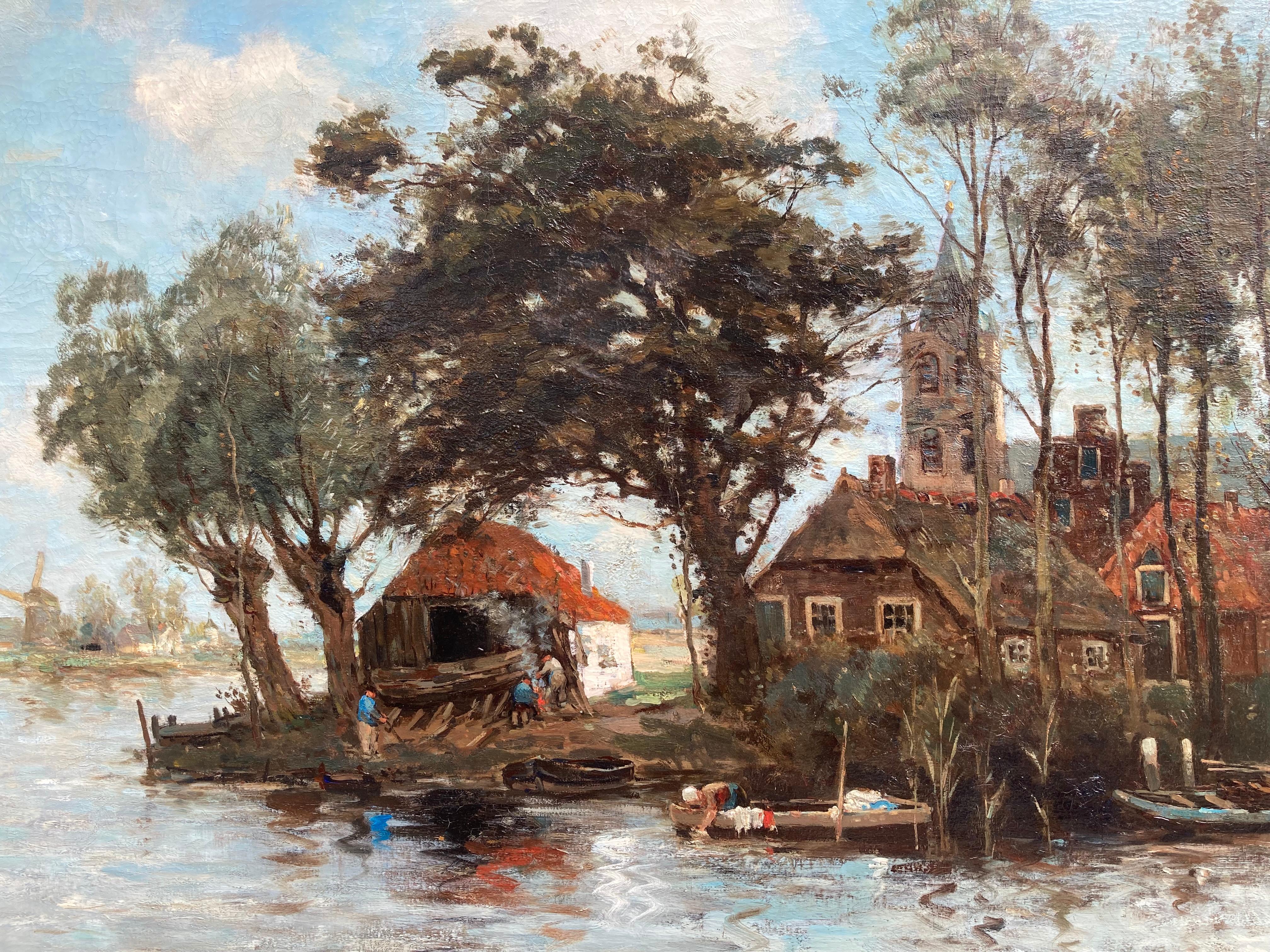 River Scene with Village Church (Large) - Painting by Frederik Brouwer