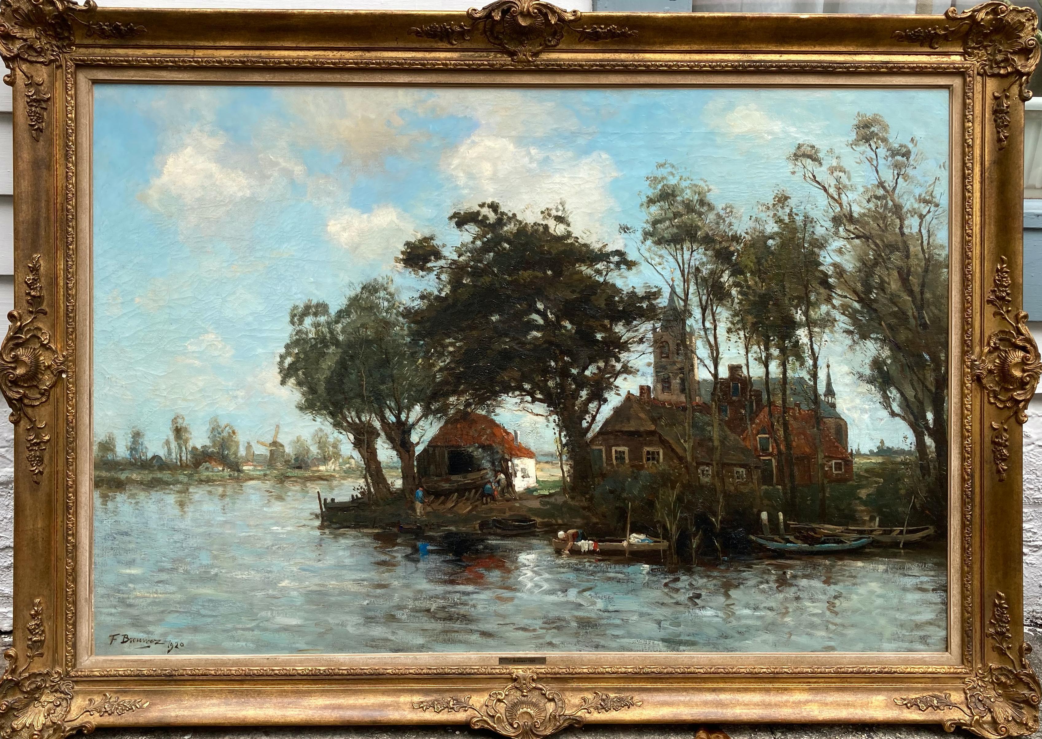 Frederik Brouwer Landscape Painting - River Scene with Village Church (Large)