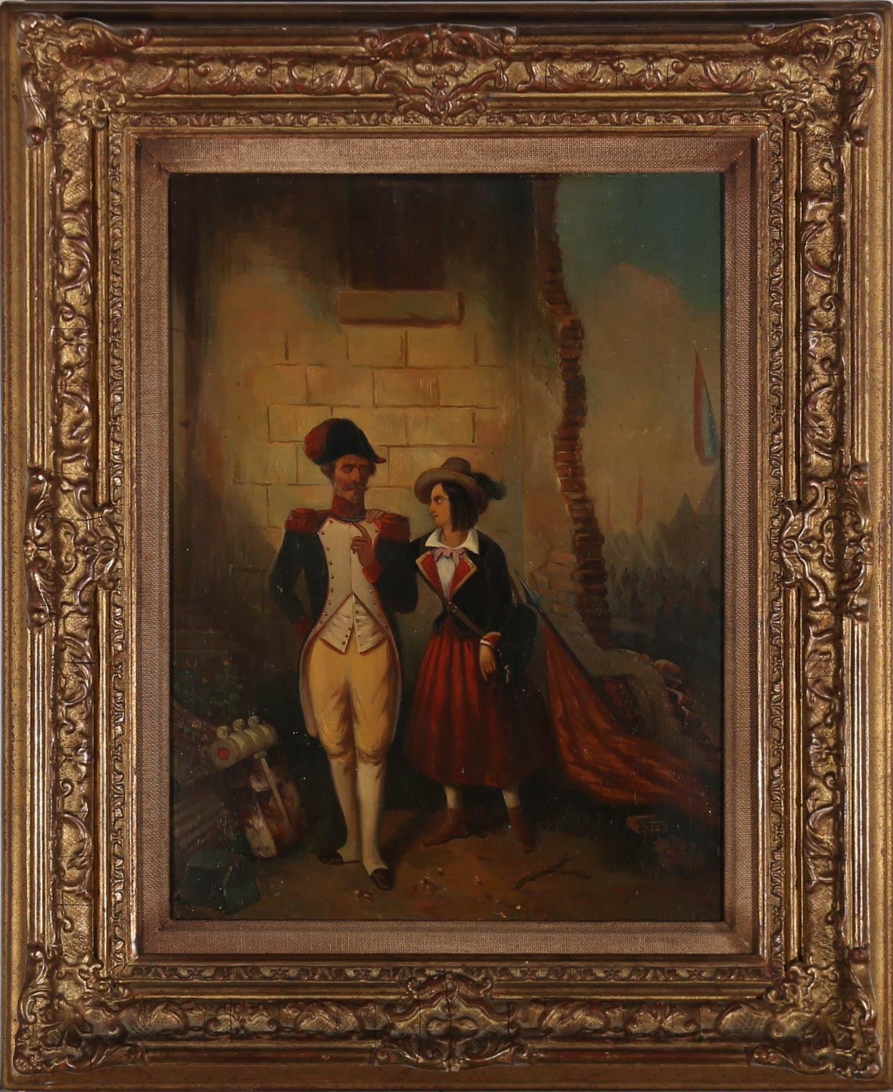 A very fine 19th Century French School oil, depicting a moment from the French Civil War in 1793. The scene shows a French general, meeting in secret with a woman, behind the ruins of a building. The woman places her hand on the man's shoulder and