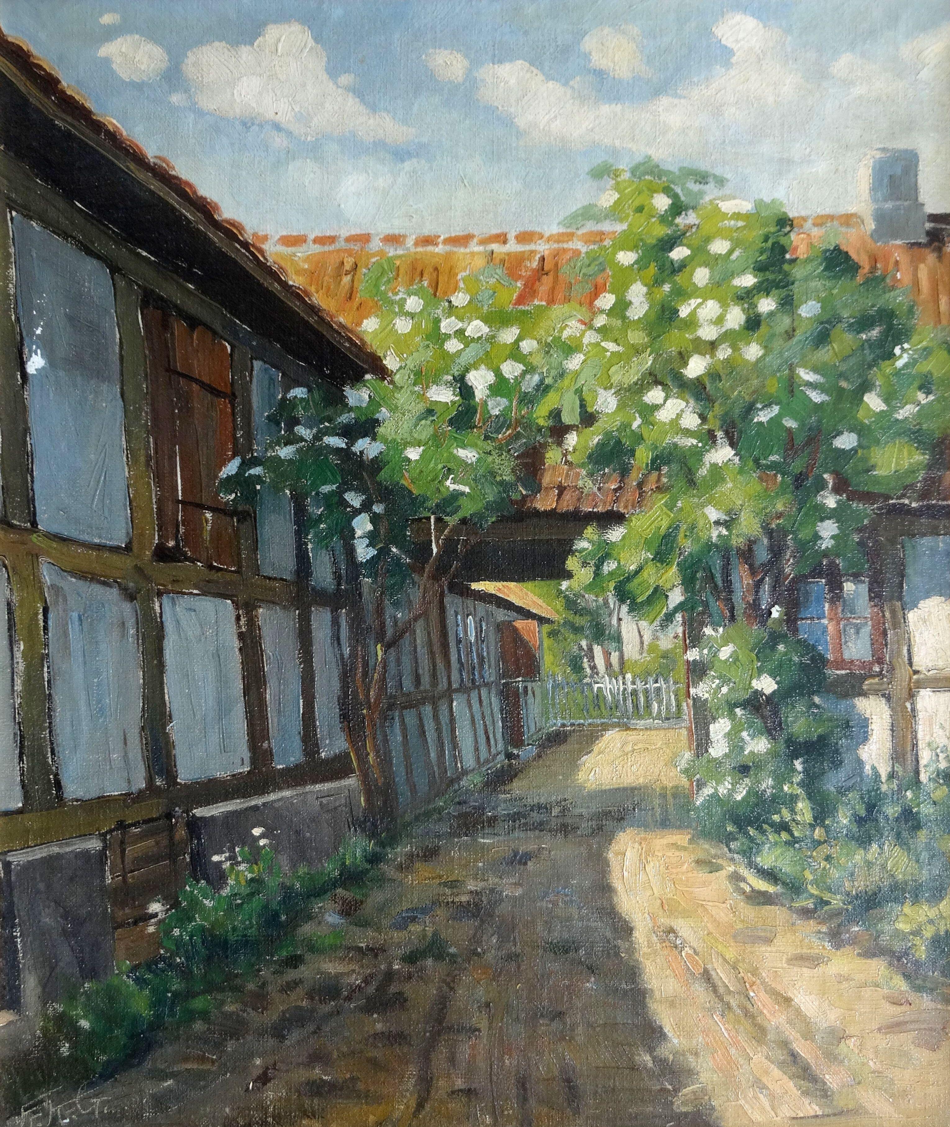 Frederik Ellegaart (Kunstell-Gaardson) Landscape Painting - Farm. Canvas, oil, 76x65 cm  with small defects