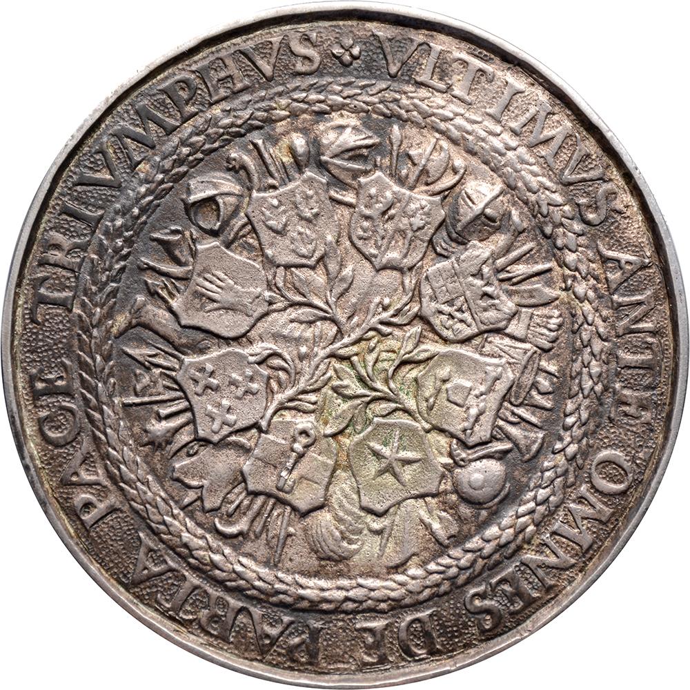 Obverse: FRID. HENDRICVS. D. G. PRINC. AVRAI. COM. NASS. E, three quarter bust of Frederik Hendrik driekwart right, PABEELE F. in inside circle
Reverse: VLTIMVS ANTE OMNES DE PARTA PACE TRIVMPHVS, within wreath the couts of arms of the eight cities