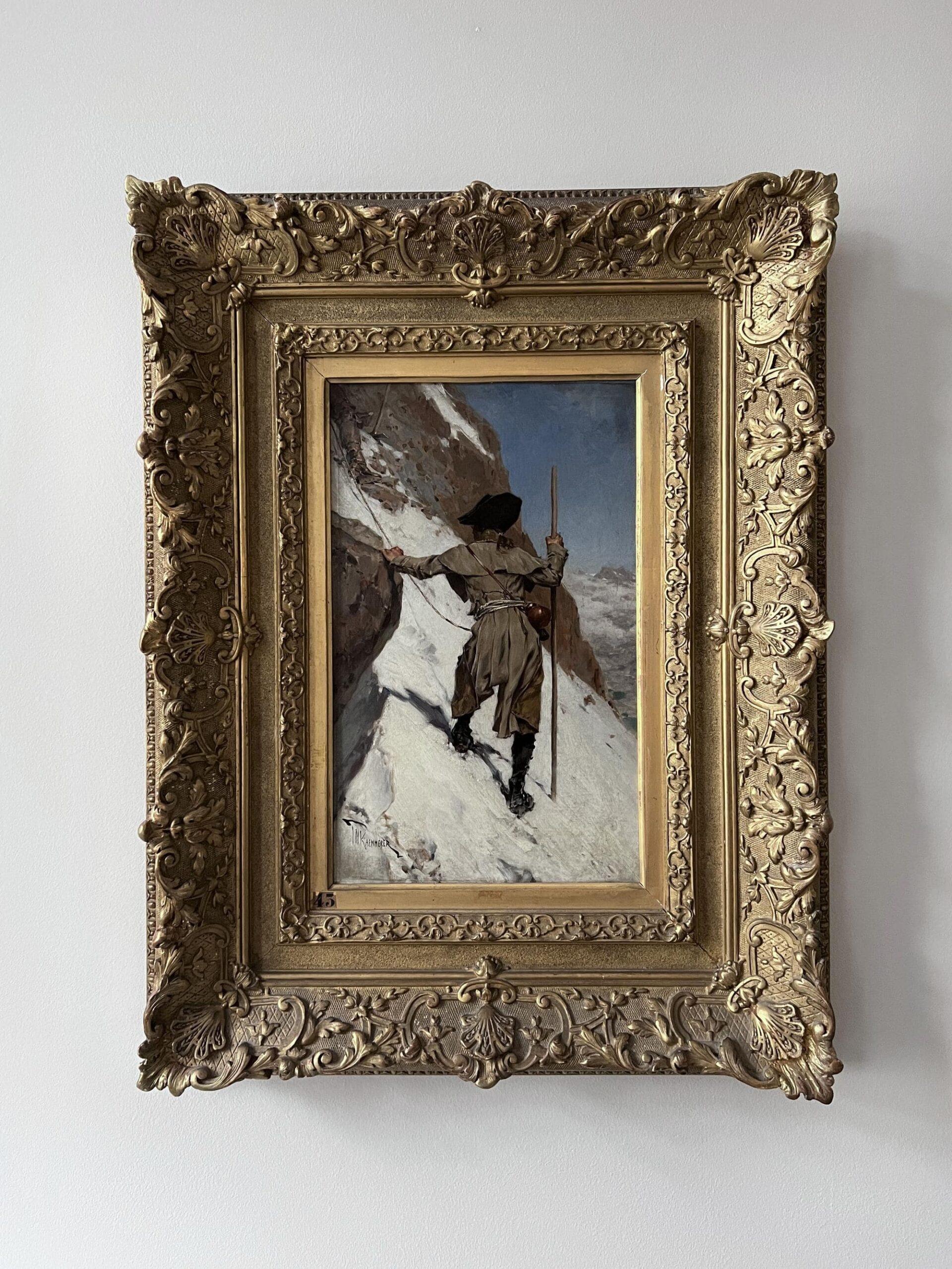 Set in a beautiful gilded frame, this artwork shows an early depiction of mountain climbing in the French Alps.

Signed by artist on lower left corner.

Frederik Hendrik Kaemmerer (1939-1902) was a Dutch painter born in The Hague. He originally