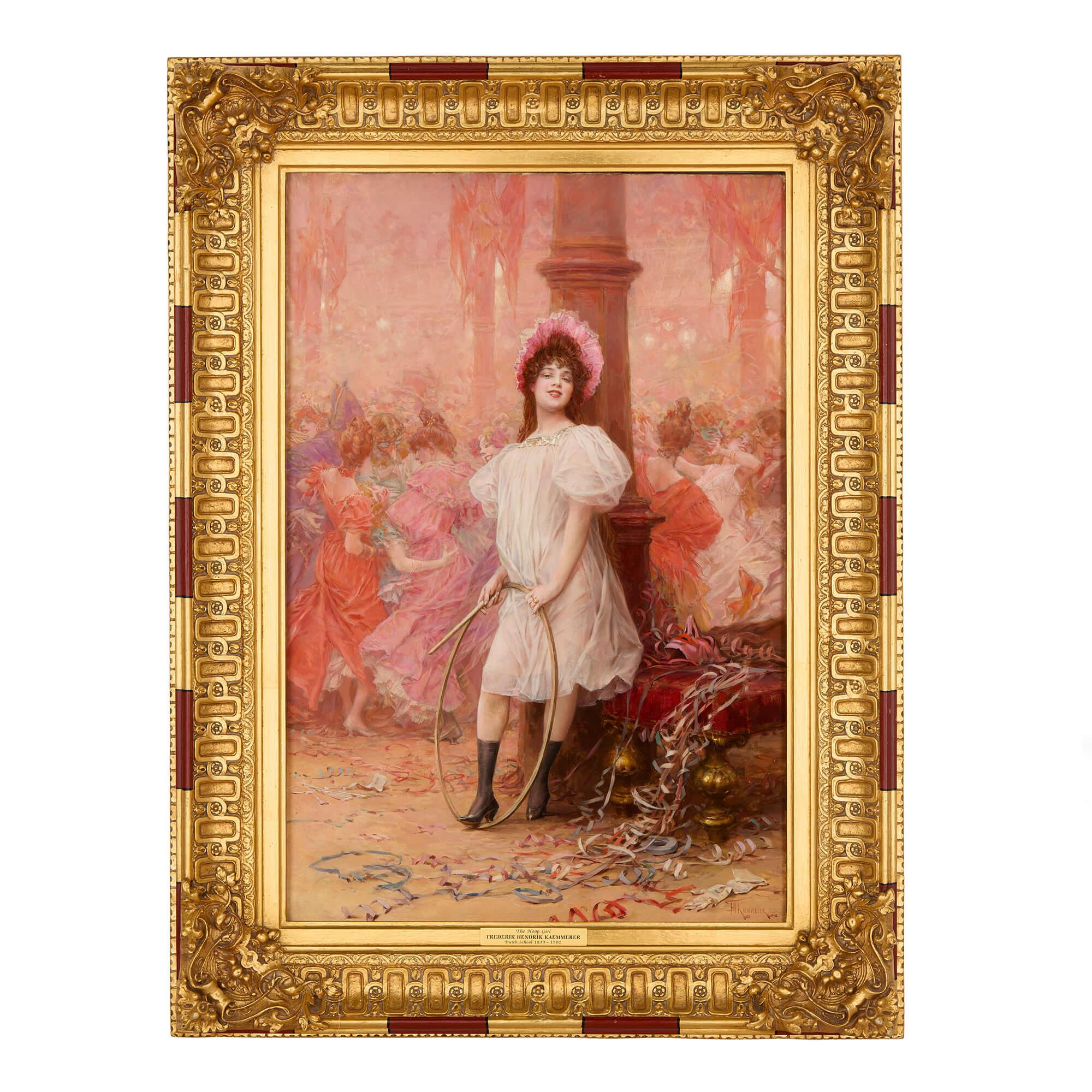 „Das Mädchen mit dem Reifen“ von Frederik Hendrik Kaemmerer 
Von Kaemmerer, Frederik Hendrik (Niederländer, 1839–1902)
Leinwand: Höhe 81 cm, Breite 54 cm, Tiefe 2 cm 
Rahmen: Höhe 105 cm, Breite 78 cm, Tiefe 8 cm

Dieses faszinierende Ölgemälde von