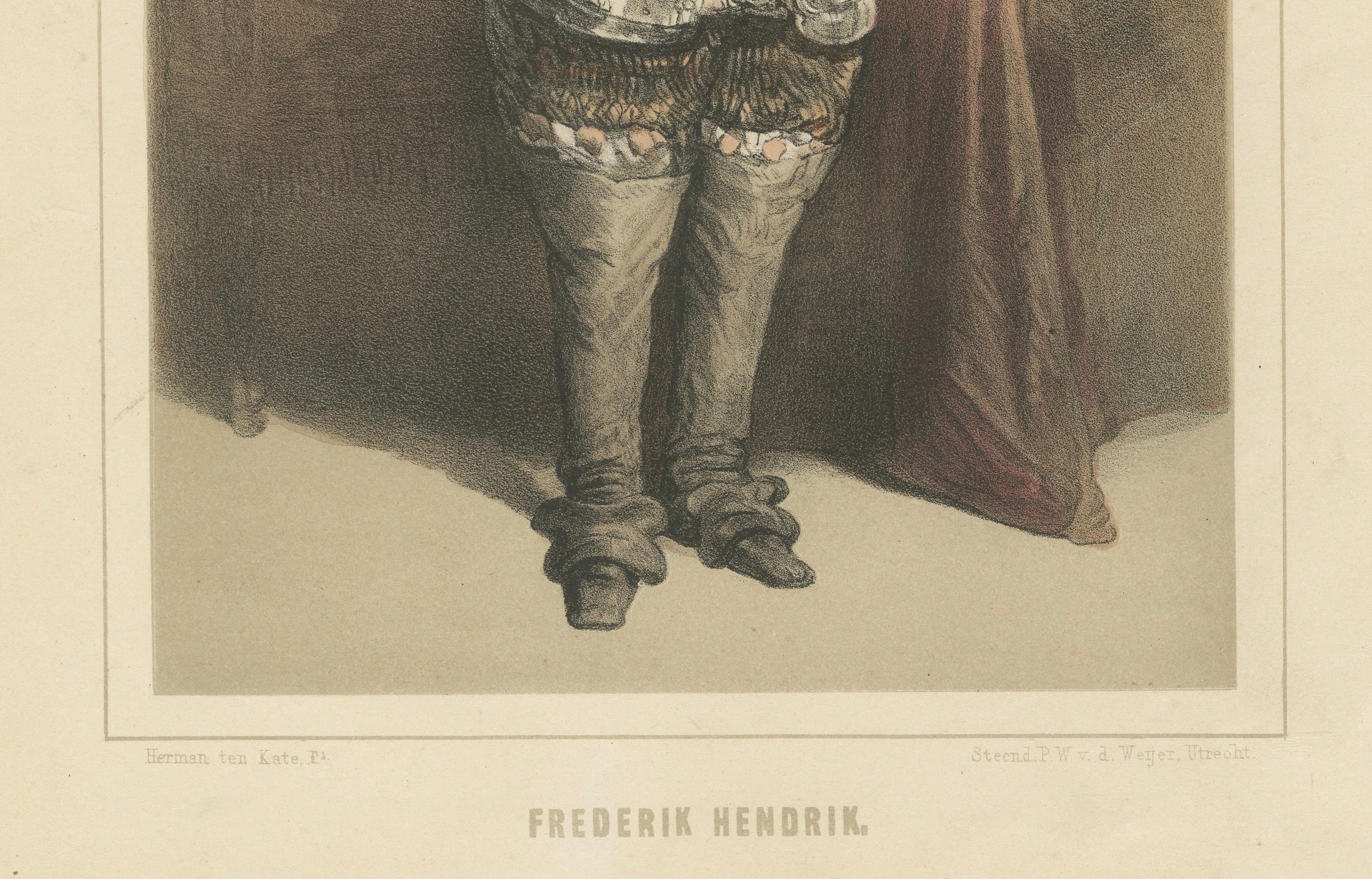 Frederik Hendrik - Prinz von Oranien in Rüstung, handkolorierte Lithographie aus dem 19.

Beschreibung des Artikels:  
Diese handkolorierte Lithografie aus dem 19. Jahrhundert zeigt Frederik Hendrik, Prinz von Oranien und einer der wichtigsten