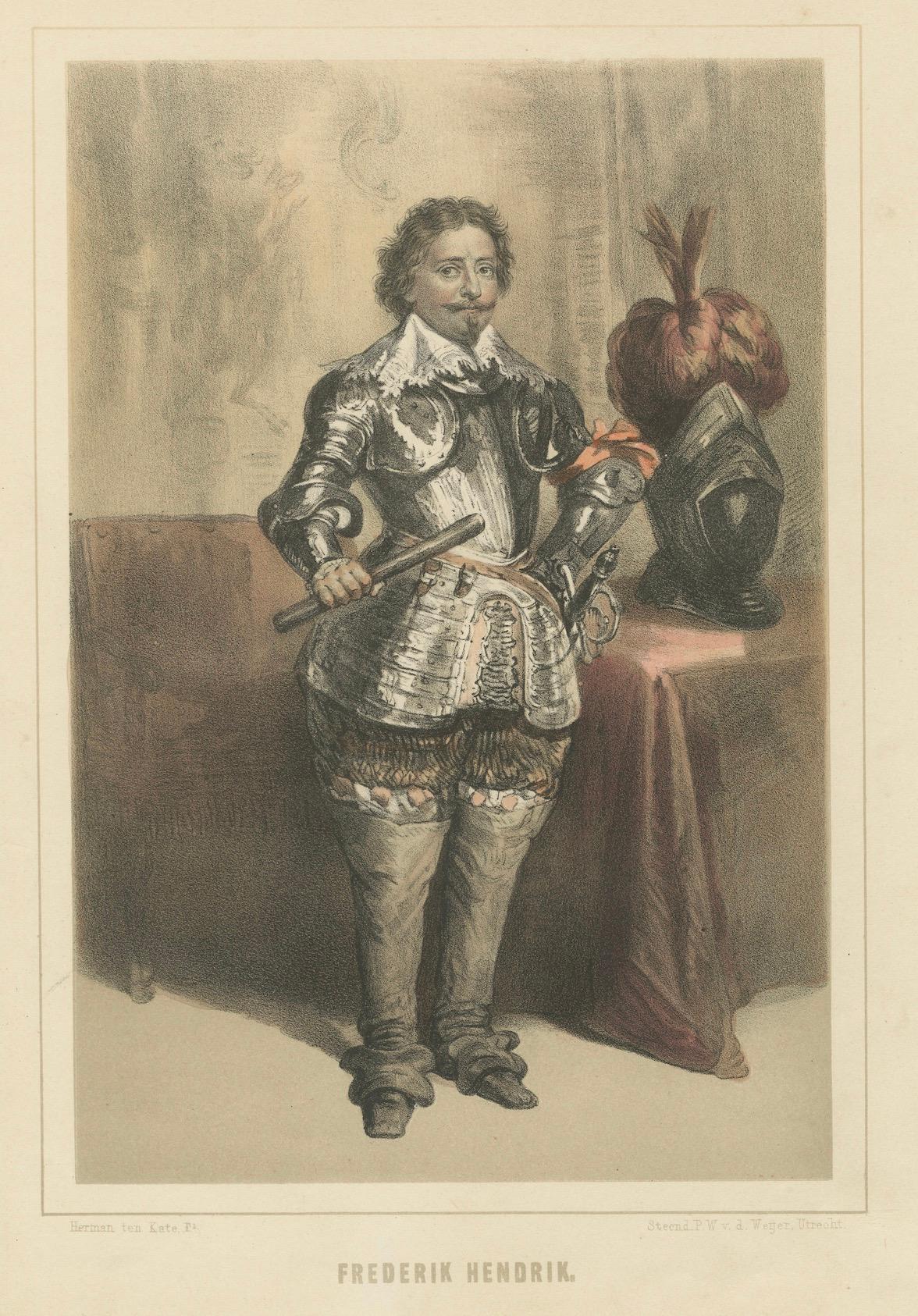 Frederik Hendrik - Prinz von Oranien in Rüstung, Handkolorierte Lithographie, ca.1850 im Angebot 1