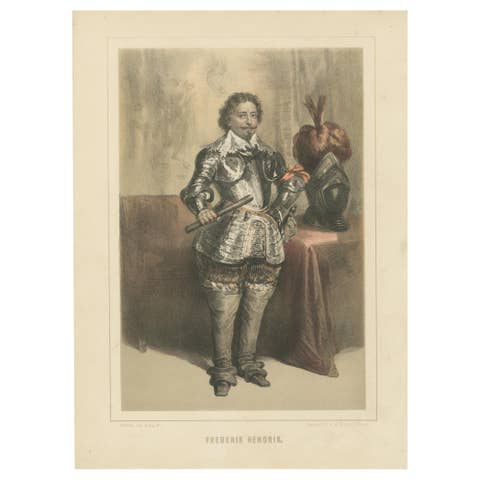 Frederik Hendrik – Prince of Orange in Armor, Hand-Colored Lithograph, ca.1850