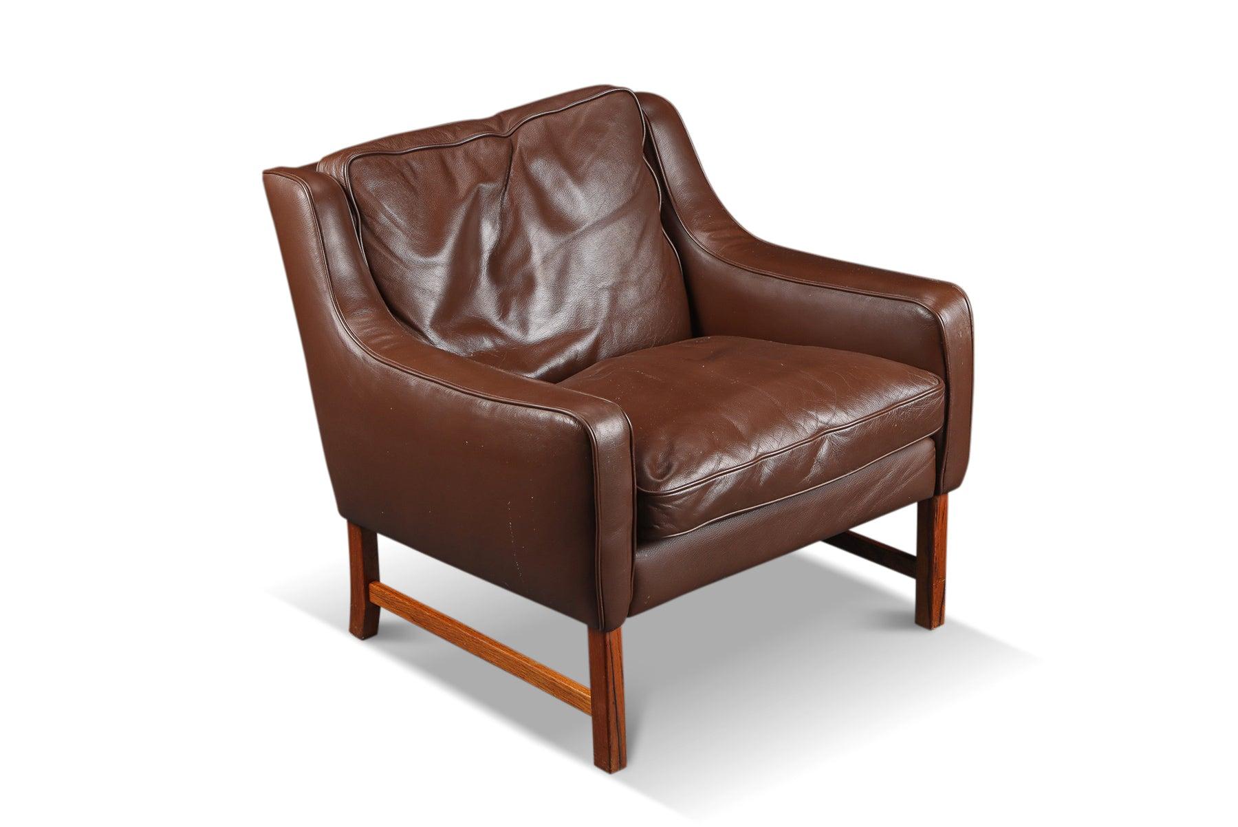 Norwegian Frederik Kayser Mid Century Lounge Chair In Soft Brown Leather + Rosewood