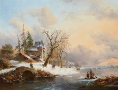19th Century Winter Skating Scene ‘Snowy Landscape’ Frederik Marinus Kruseman