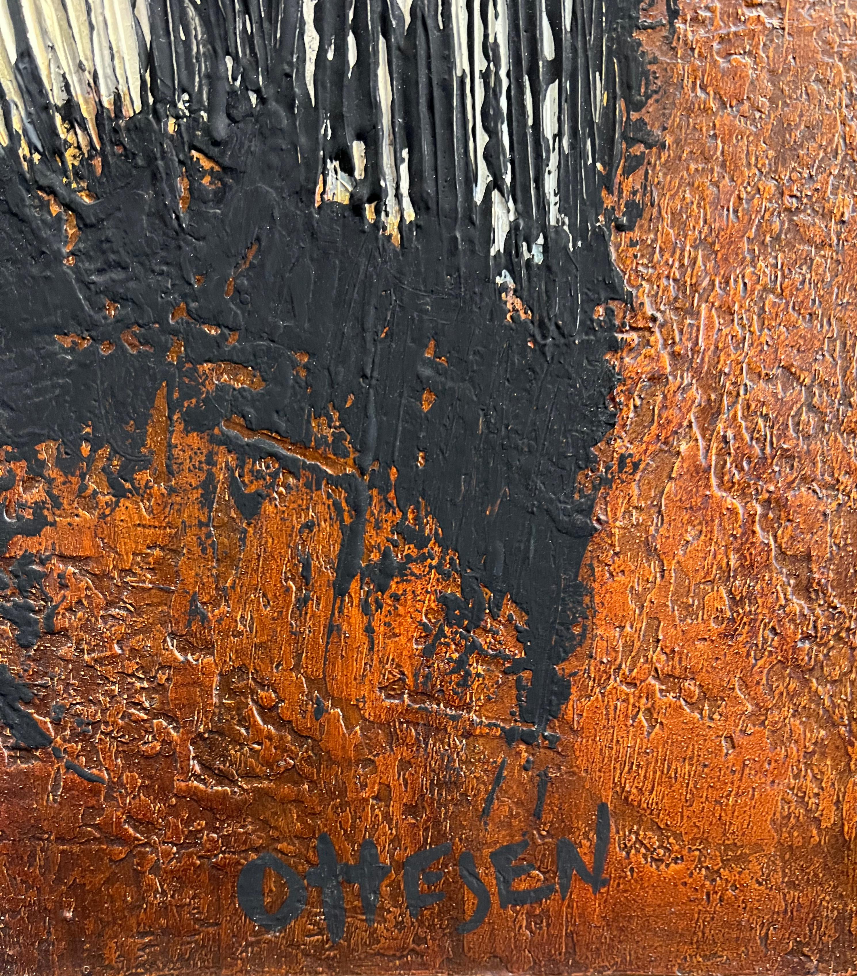 The bold texture of this artwork engages the viewer. The textures Ottesen created are not as apparent until seem from close up. A subtle stunner. 

Framed this piece measures 29.25