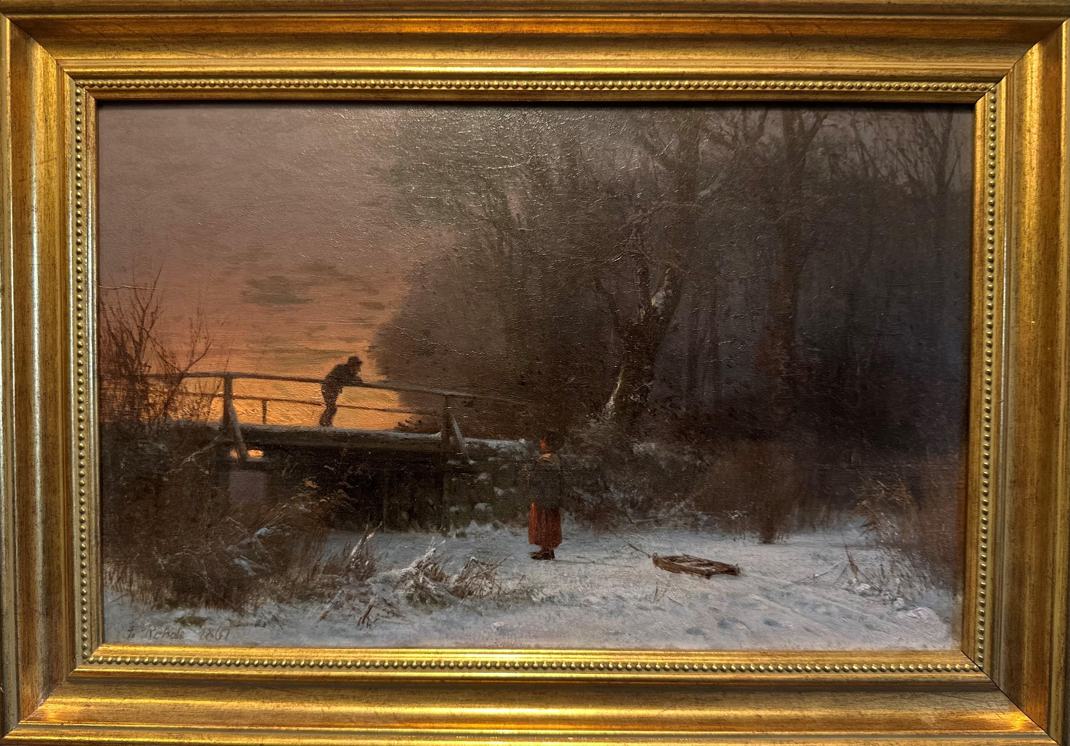 Girl with sledge by the bridge - Naturalistic Painting by Frederik Rohde