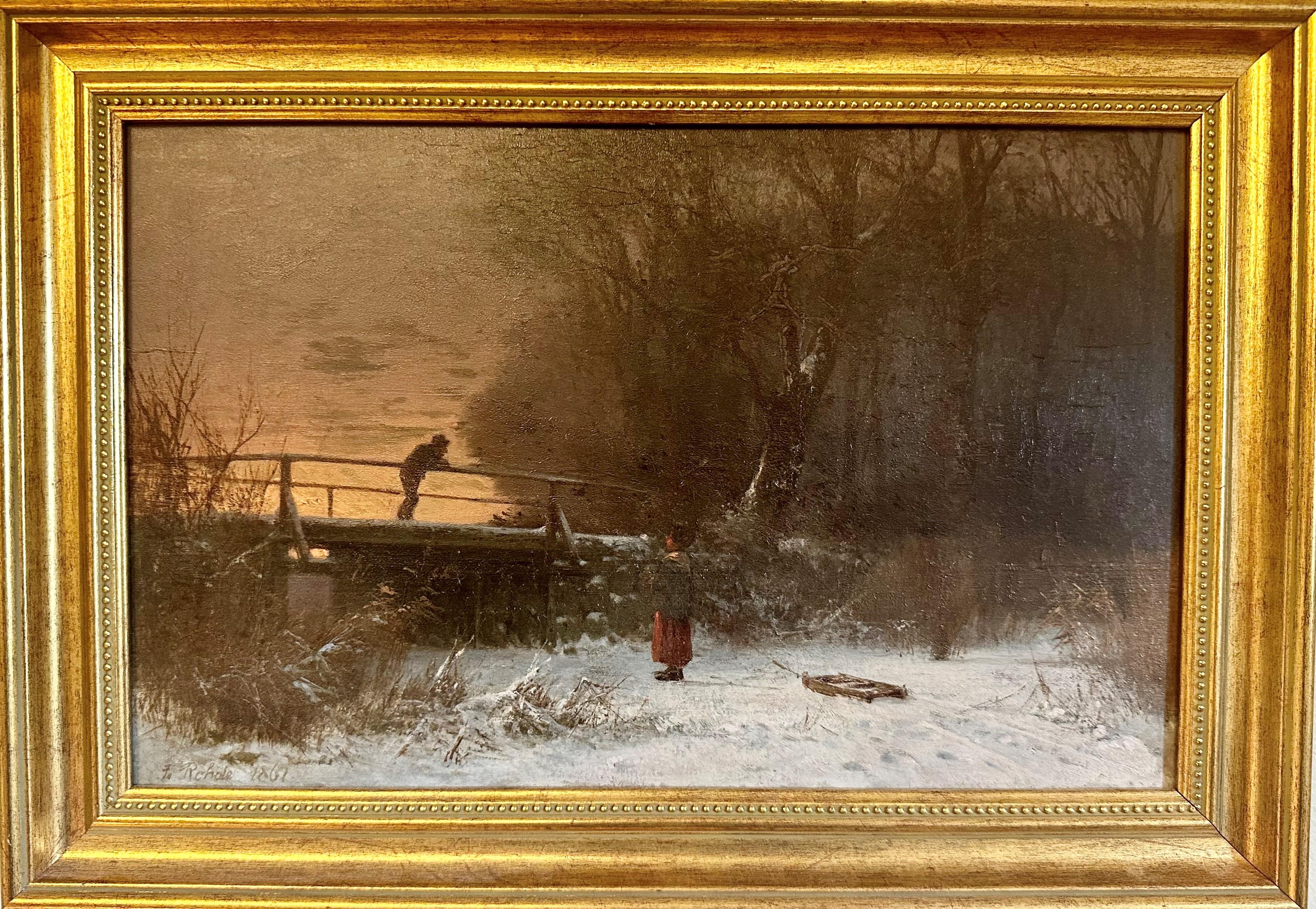 Frederik Rohde Landscape Painting - Girl with sledge by the bridge