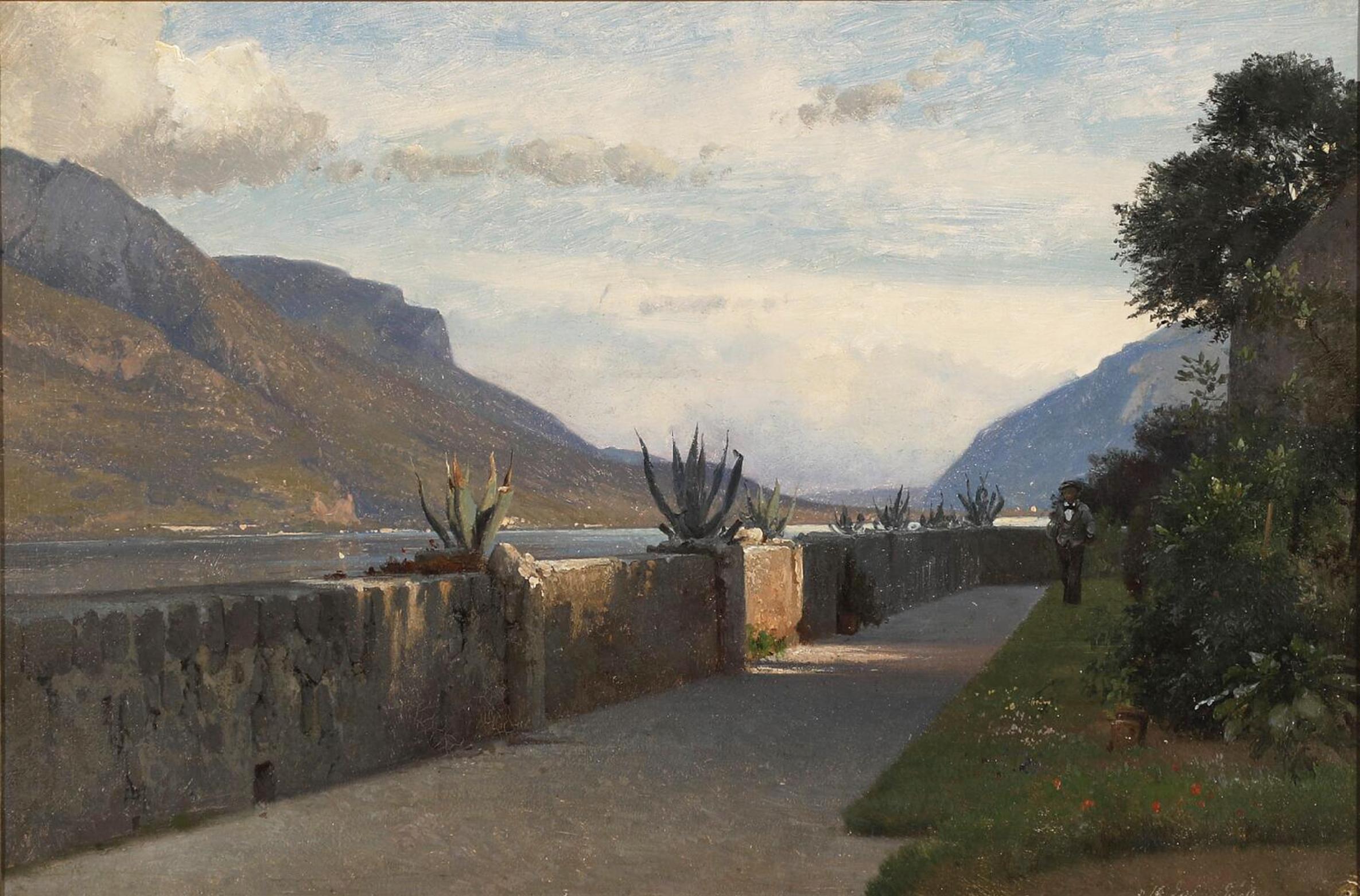 Lake Como, a terrace of the Villa Giulia in Bellagio in Italy - Painting by Frederik Rohde