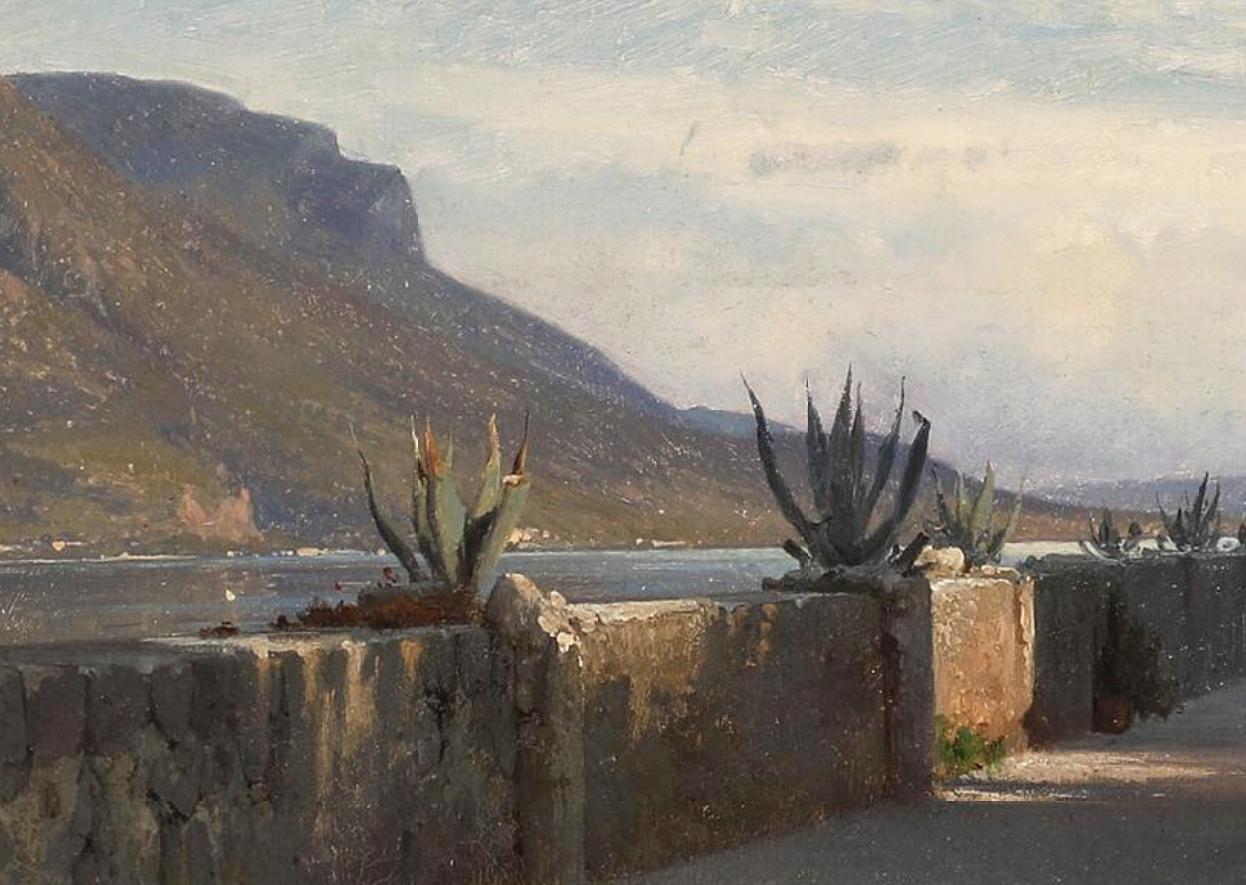 Frédérik ROHDE
(Copenhagen, 1816 - Copenhagen, 1886)
Lake Como, a terrace of the Villa Giulia in Bellagio
Oil on paper mounted on canvas
H. 26.5 cm; L. 39 cm
Located, dated and signed on a label on the stretcher
Dated lower right - July (?)