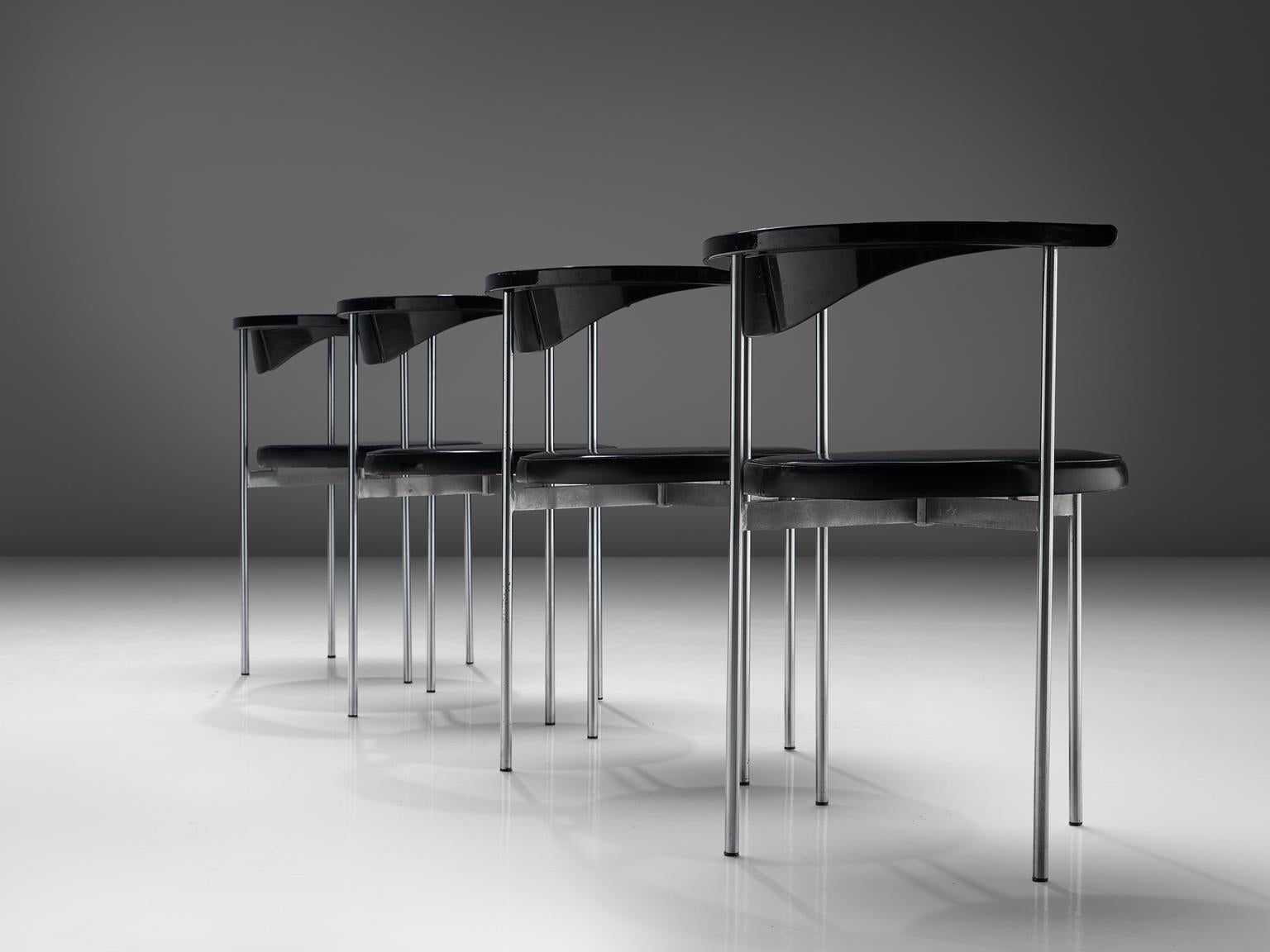 Frederik Sieck for Fritz Hansen, twelve 3200 chairs, black skai, black and white painted wood, metal, Denmark, design 1962, execution 1967.

This industrial clear set of the model 3200 chairs was designed by the Swedish designer Sieck for Fritz