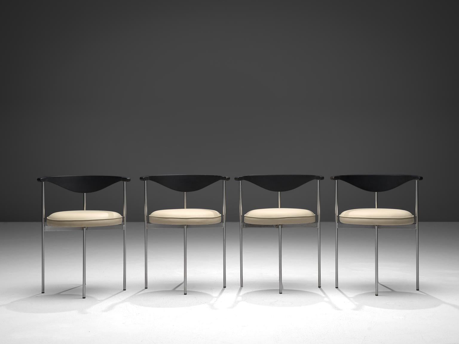 Frederik Sieck for Fritz Hansen, four chairs, white skai, metal, black painted wood, steel, Denmark, design 1962, execution, 1967.

This industrial clear set of the model 3200 chairs was designed by the Swedish designer Sieck for Fritz Hansen. The