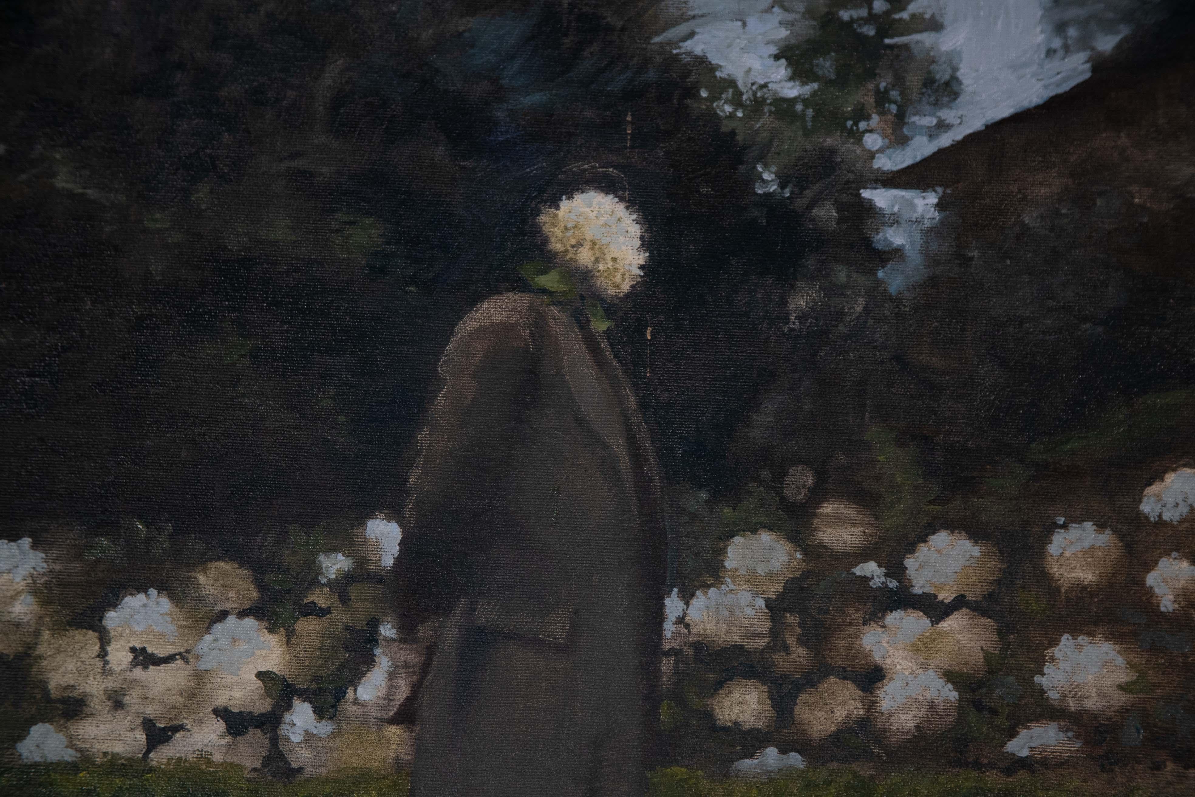 Oil on canvas painting called 'La Récolte des mémoires' with man and flowers - Painting by Frederik Van Laere