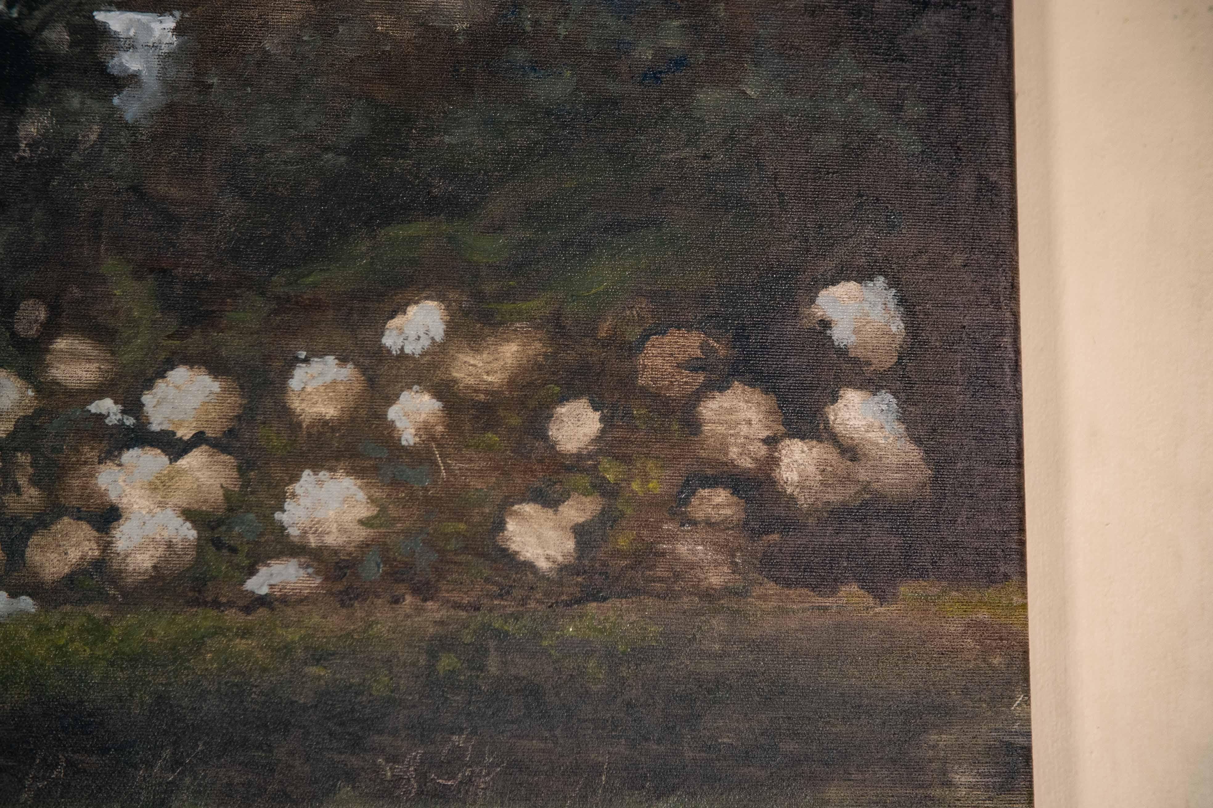 Oil on canvas painting called 'La Récolte des mémoires' with man and flowers - Modern Painting by Frederik Van Laere
