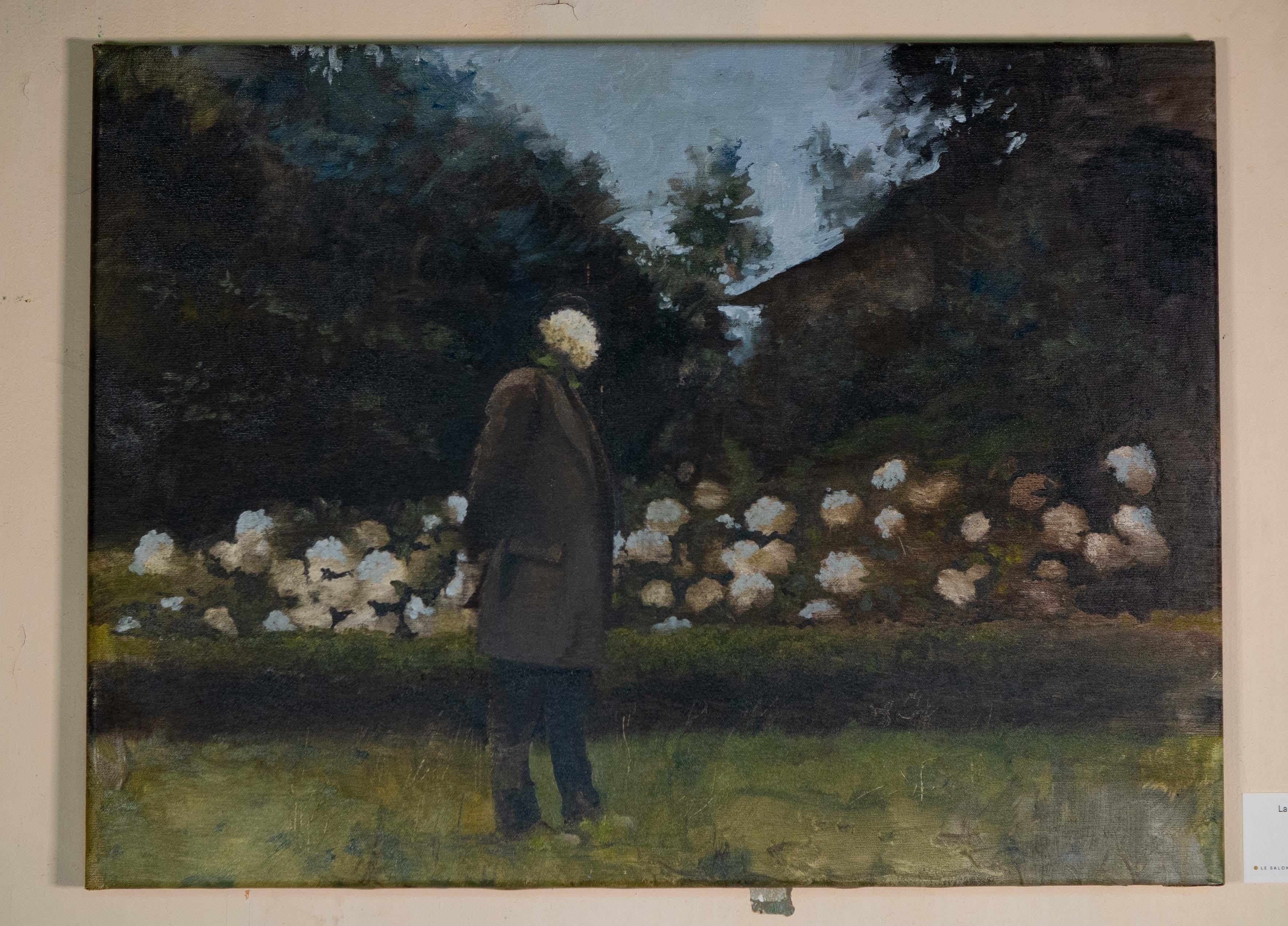 Frederik Van Laere Figurative Painting - Oil on canvas painting called 'La Récolte des mémoires' with man and flowers