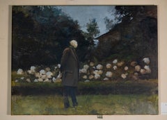 Pintura al óleo sobre lienzo titulada "La Récolte des mémoires" con hombre y flores