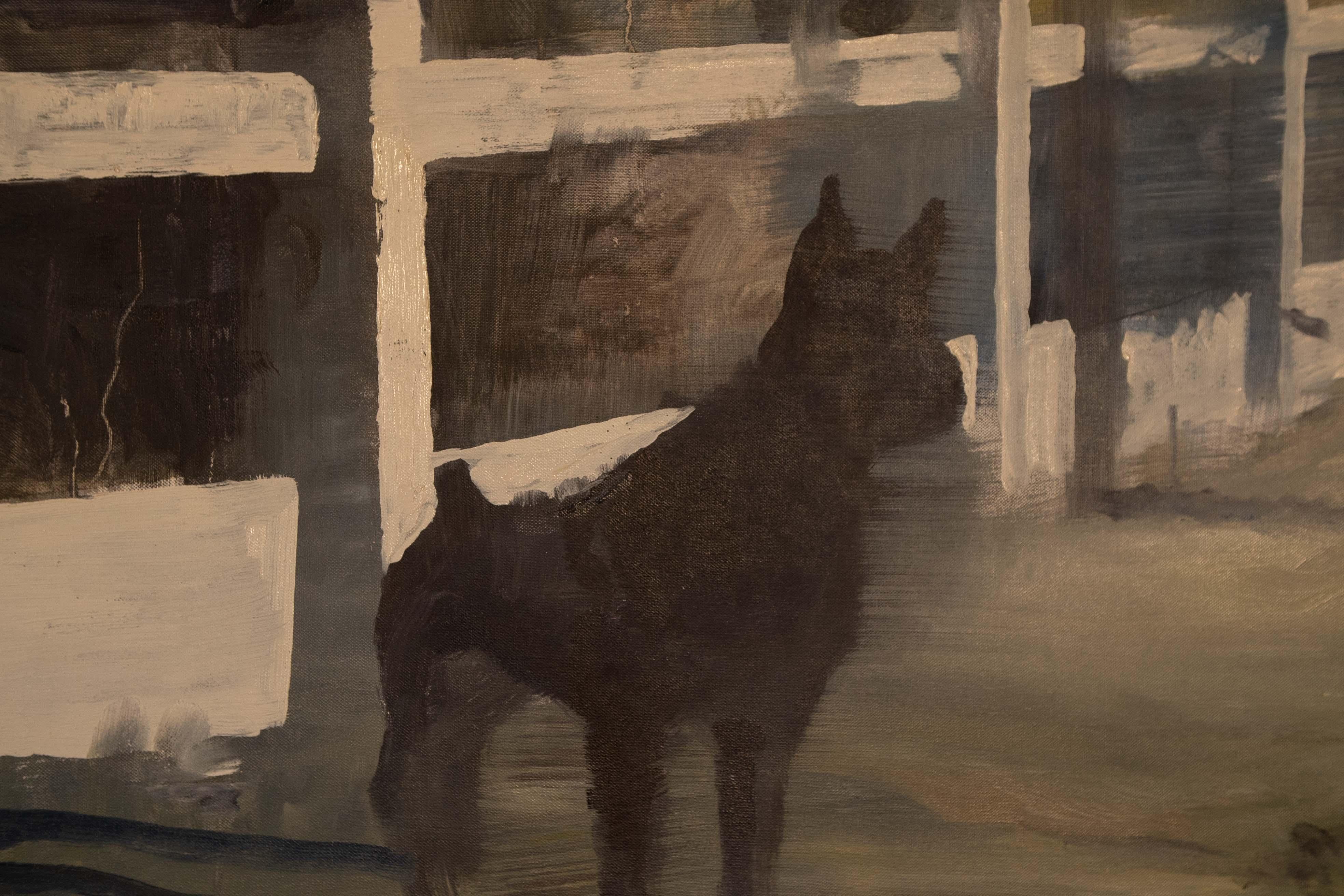 Öl auf Leinwand Gemälde eines schwarzen Hundes vor einem Gartenzäunen, Öl – Painting von Frederik Van Laere