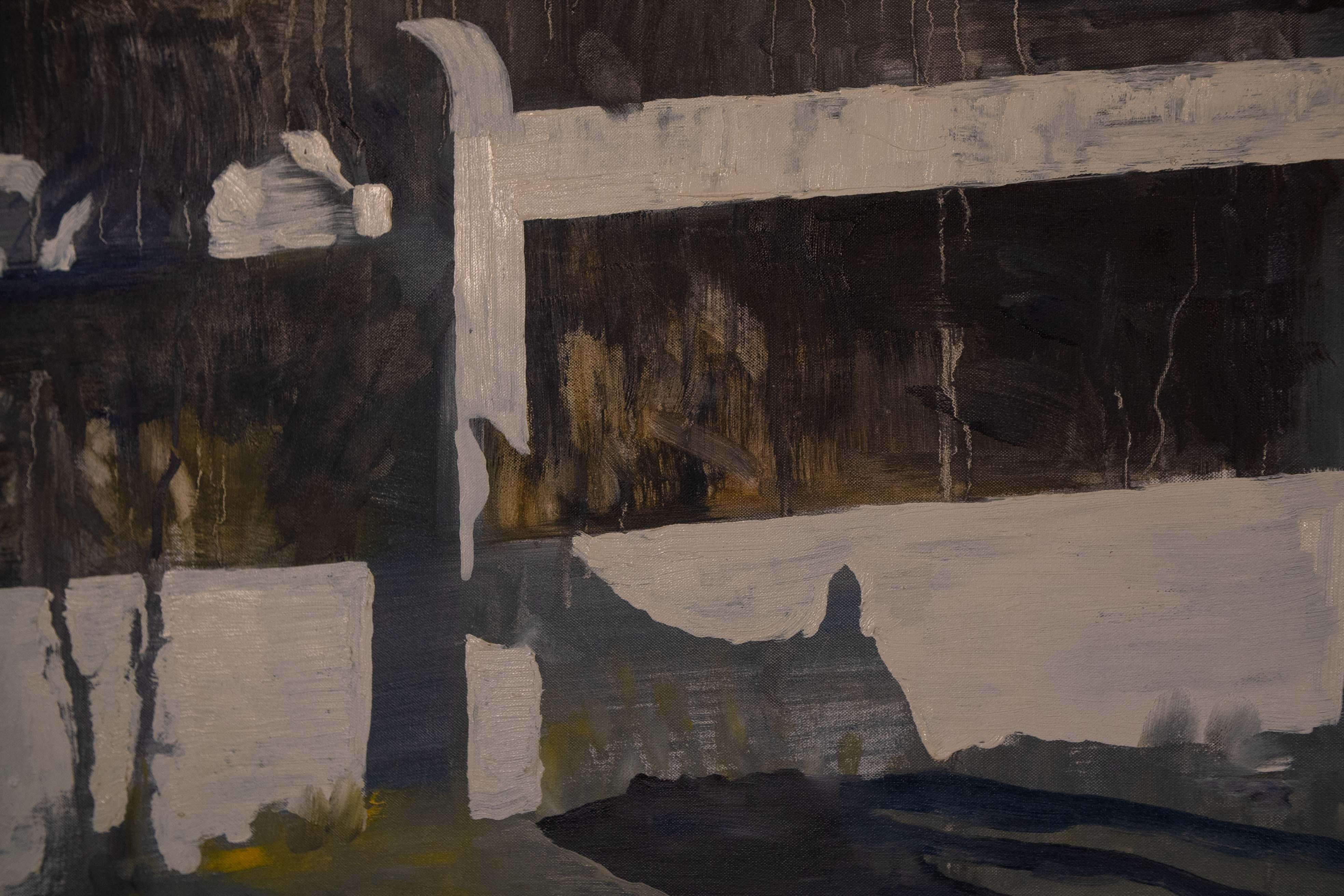 Öl auf Leinwand Gemälde eines schwarzen Hundes vor einem Gartenzäunen, Öl (Moderne), Painting, von Frederik Van Laere