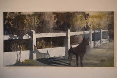 Oil on canvas painting of a black dog against a garden fence