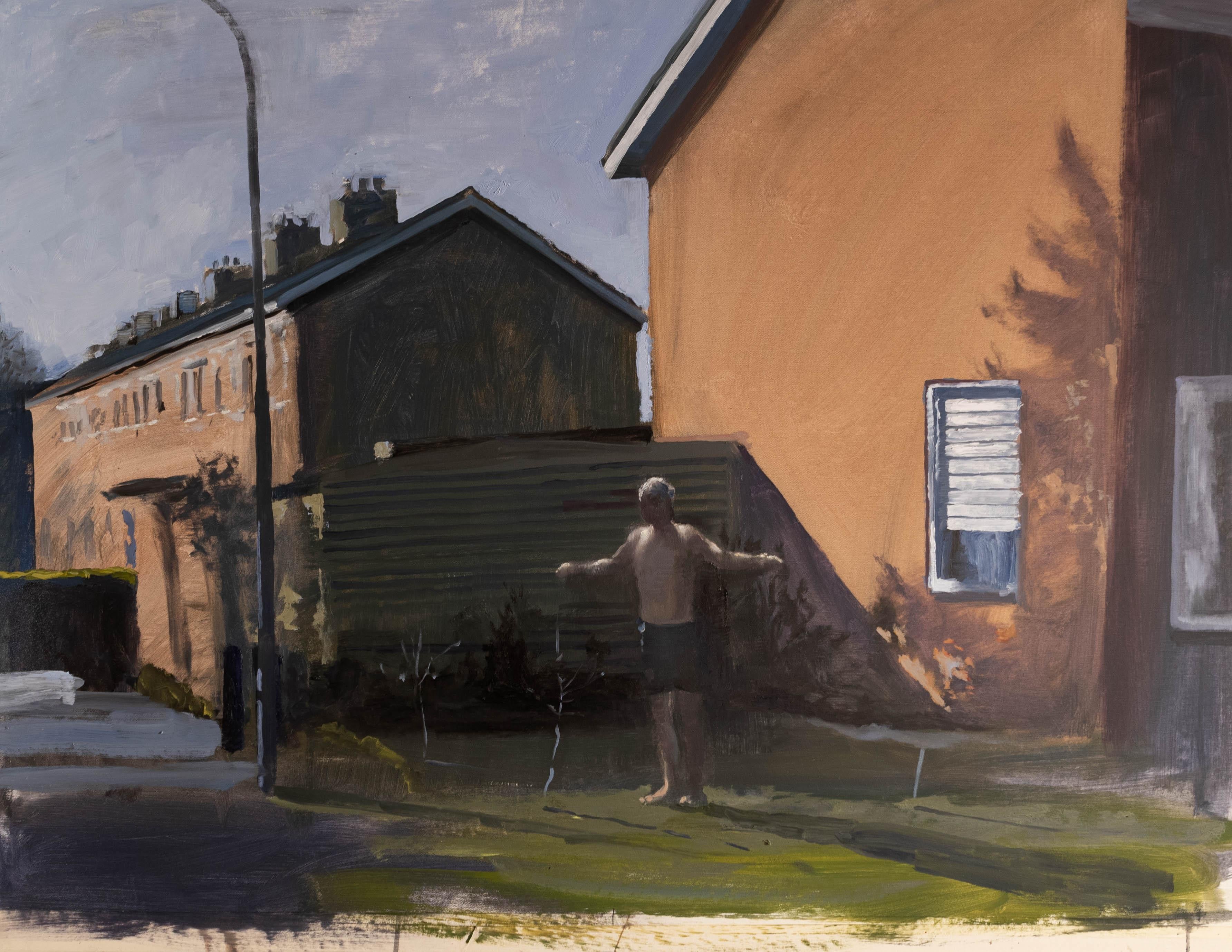 Quadro realistico a olio su tela di un ragazzo davanti a una casa - Painting Realismo di Frederik Van Laere