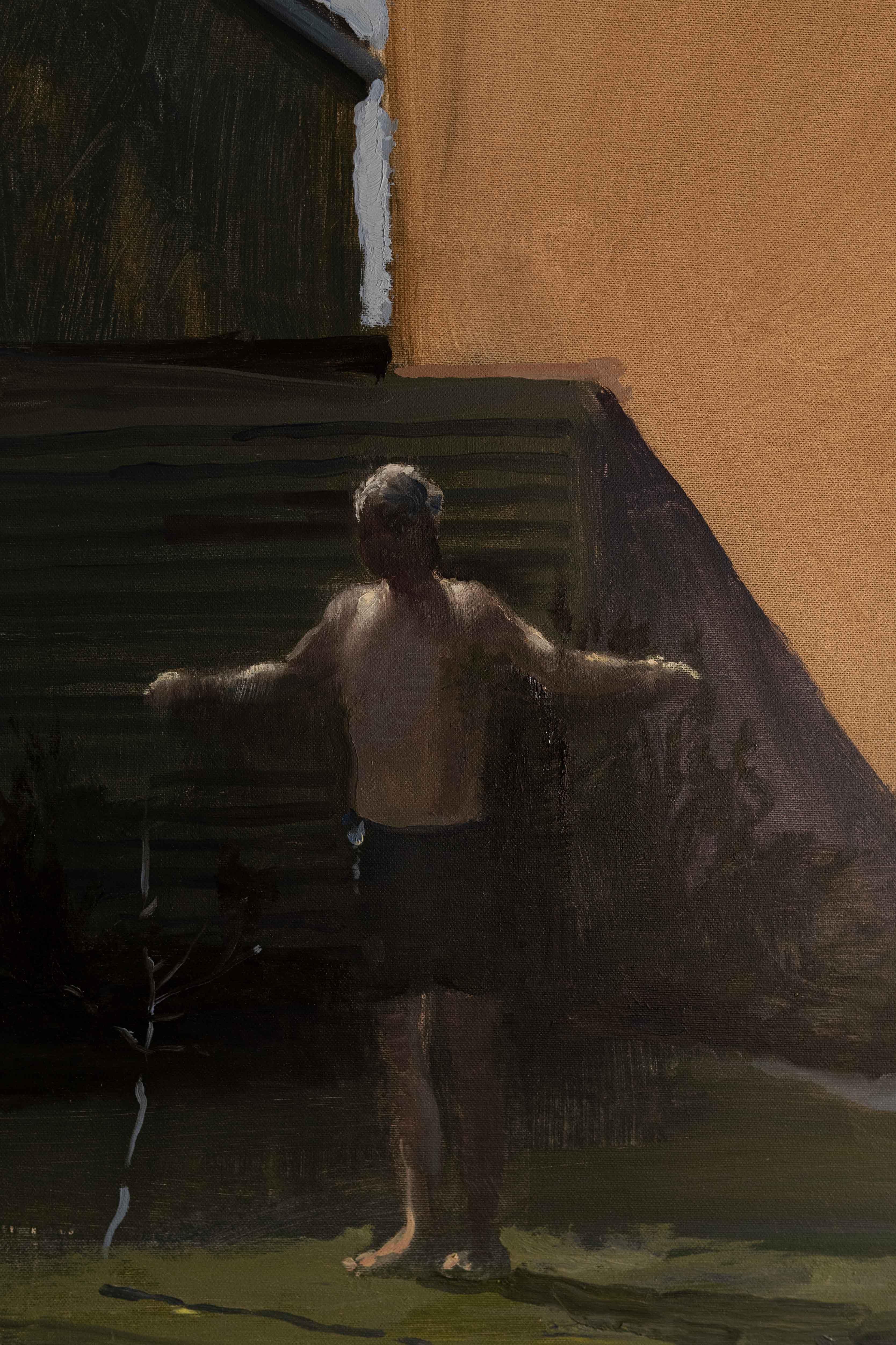 Quadro realistico a olio su tela di un ragazzo davanti a una casa - Figurative Painting Grigio di Frederik Van Laere