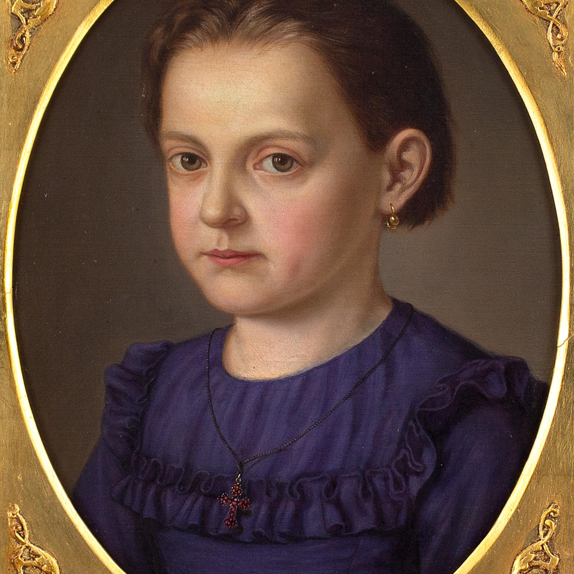 This charming late 19th-century portrait depicts a girl wearing a blue dress, gold earring and a cross pendant. It’s rendered beautifully, particularly the skin tones with their subtle gradients. Note also the dimple in the cheek.

The painting is