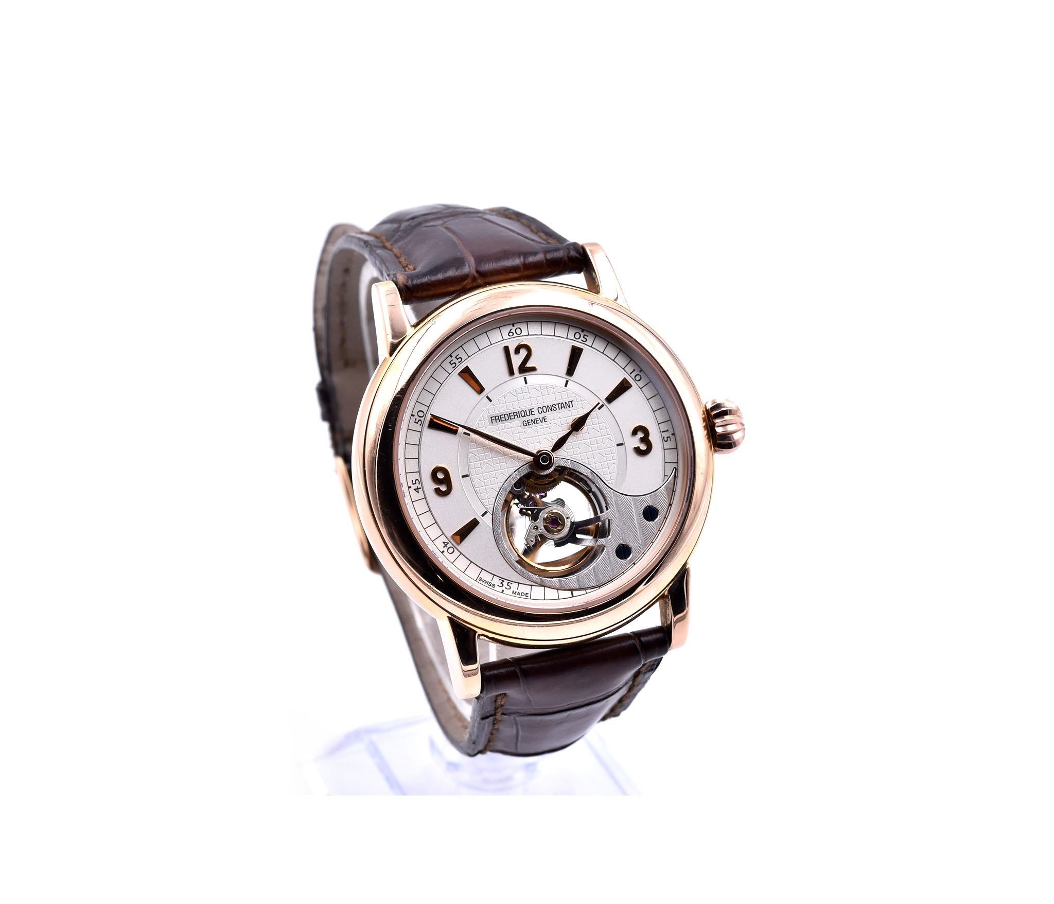 Movement: automatic
Function: hours, minutes
Case: 41mm 18k rose gold case, sapphire crystal, push/pull crown
Band: brown alligator leather strap, 18k rose gold tang and buckle
Dial: white skeleton cut out, gold toned hands and hour markers, Arabic