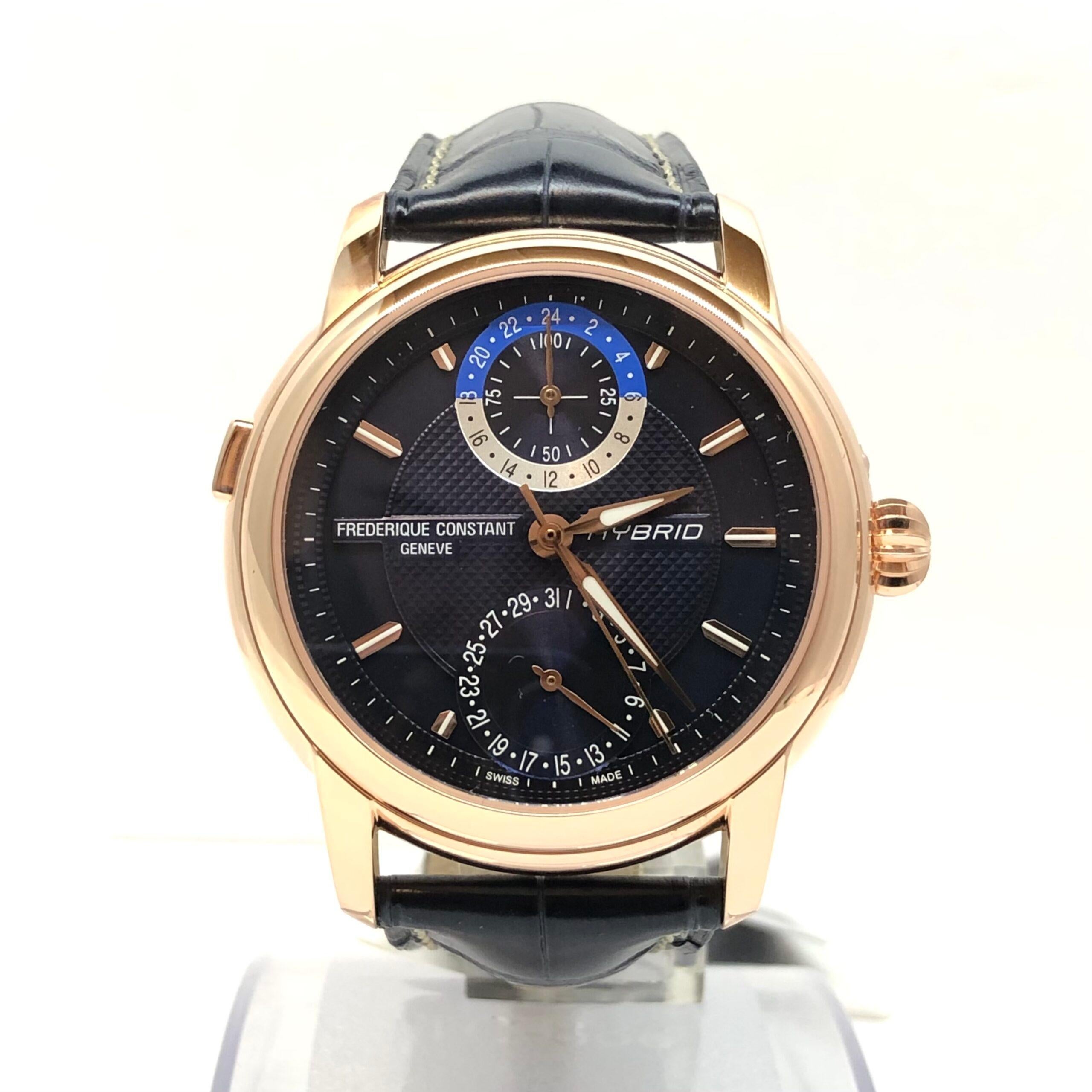 This Men’s watch has a 42 mm round rose gold-tone plated stainless steel case with fixed bezel. Blue dial and gold-tone hands & index hour markers. Date counter at 6 o’clock. Connected counter at 12 o’clock. Scratch-resistant sapphire crystal.
