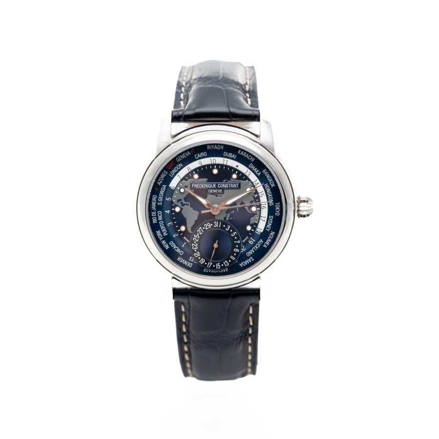 Frederique Constant Classic Worldtimer 42 Blaues Zifferblatt Neu 2022 Ref FC.718NWM4M6 im Angebot 2