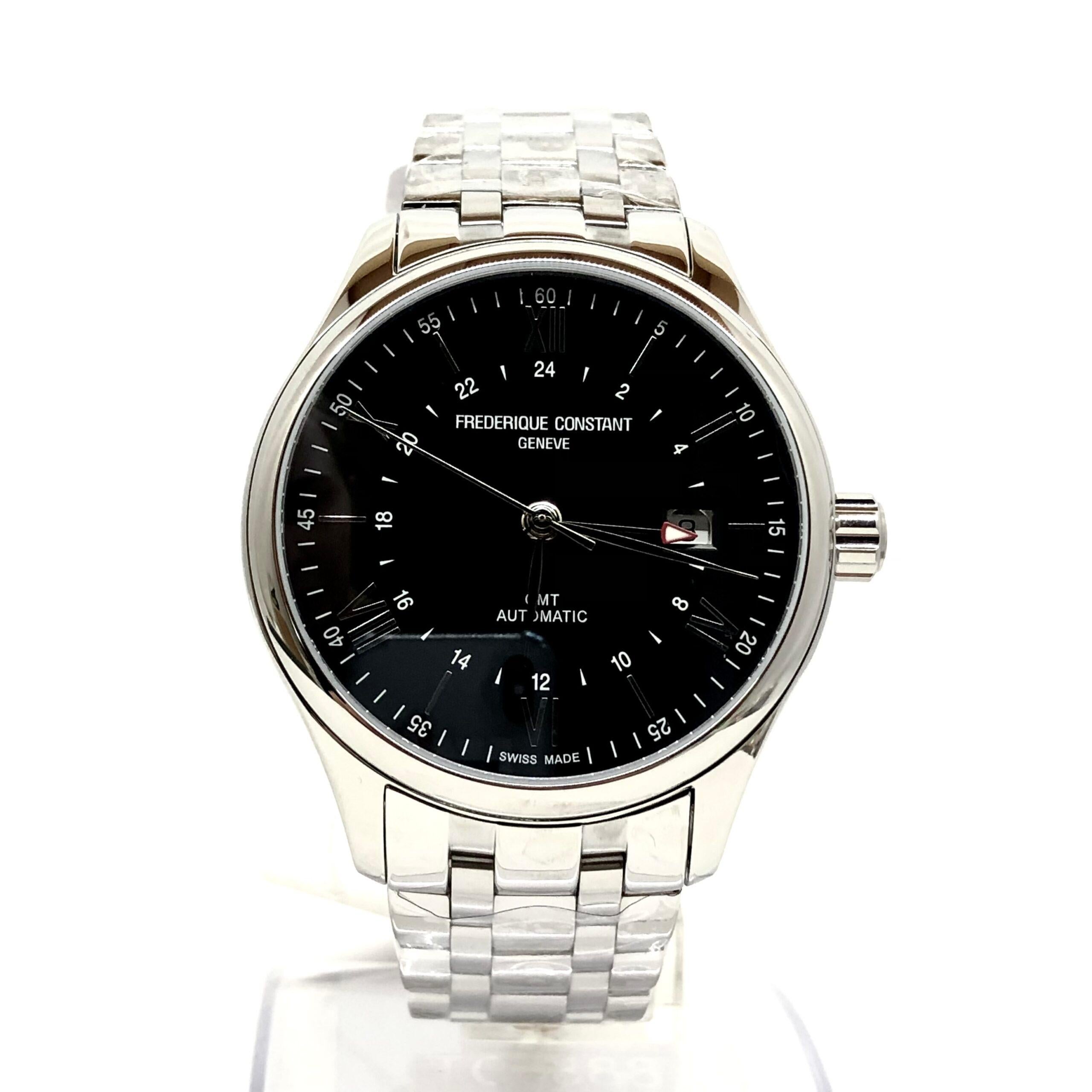 This Men’s watch has a 42 mm round stainless steel case with fixed bezel. Black dial with silver-tone leaf-style shape hands & index and Roman numerals hour markers. Scratch-resistant sapphire crystal. Date sub-dial located at the 3 o’clock
