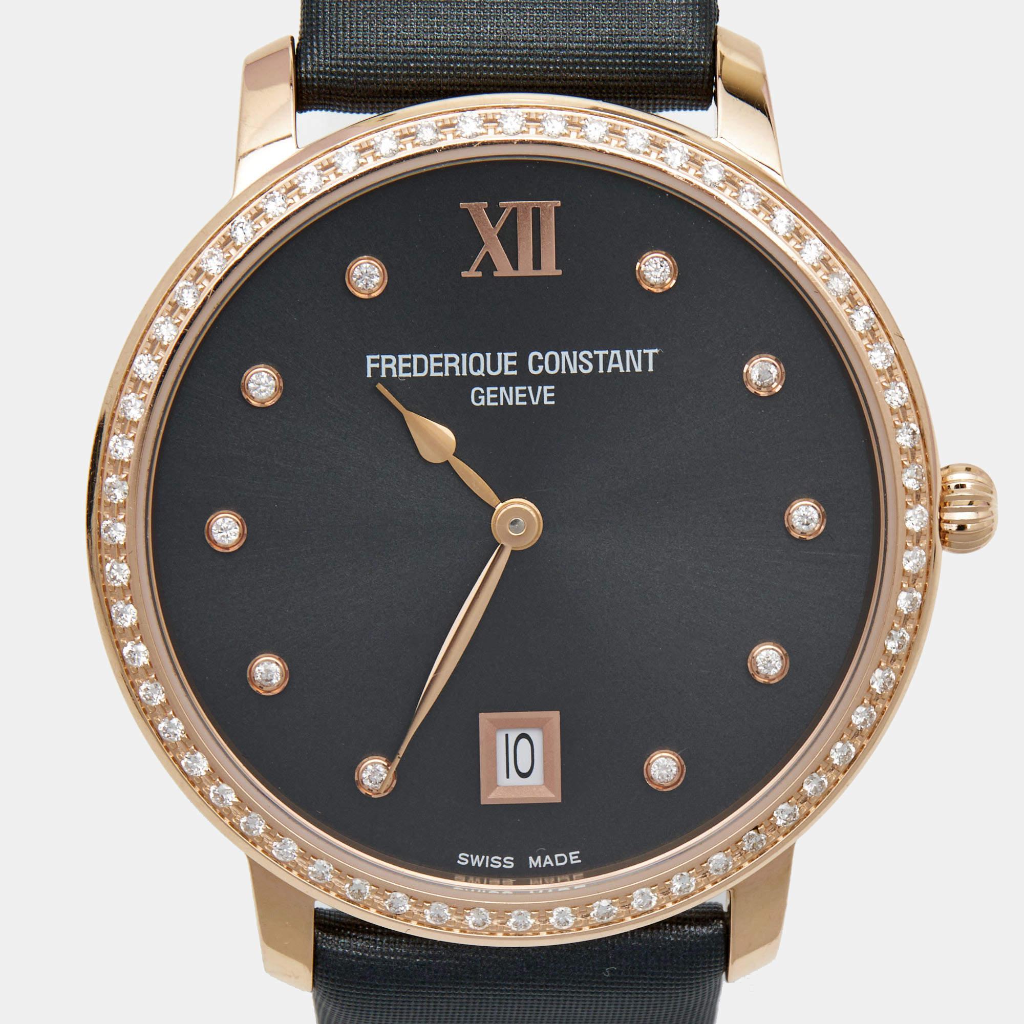 Women's Frederique Constant Grey Rose Gold Plated Stainless Steel Satin Diamond Slim  For Sale