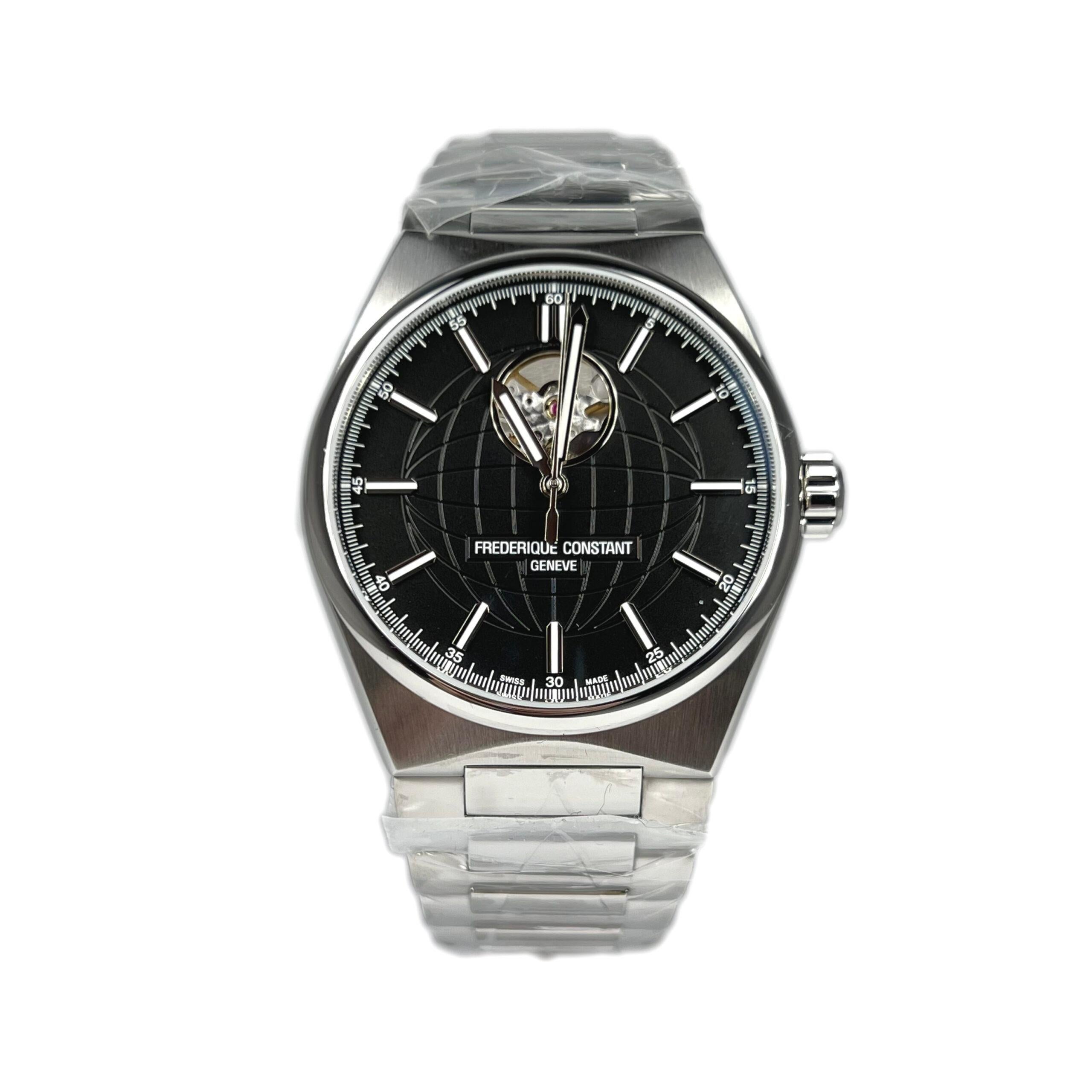 This Man’s Watch has a 41 mm stainless steel case with a stainless steel bracelet. Fixed stainless steel bezel. Black (open heart) dial with luminous silver-tone hands and index hour markers. Arabic numeral minute markers (at 5 minute intervals).