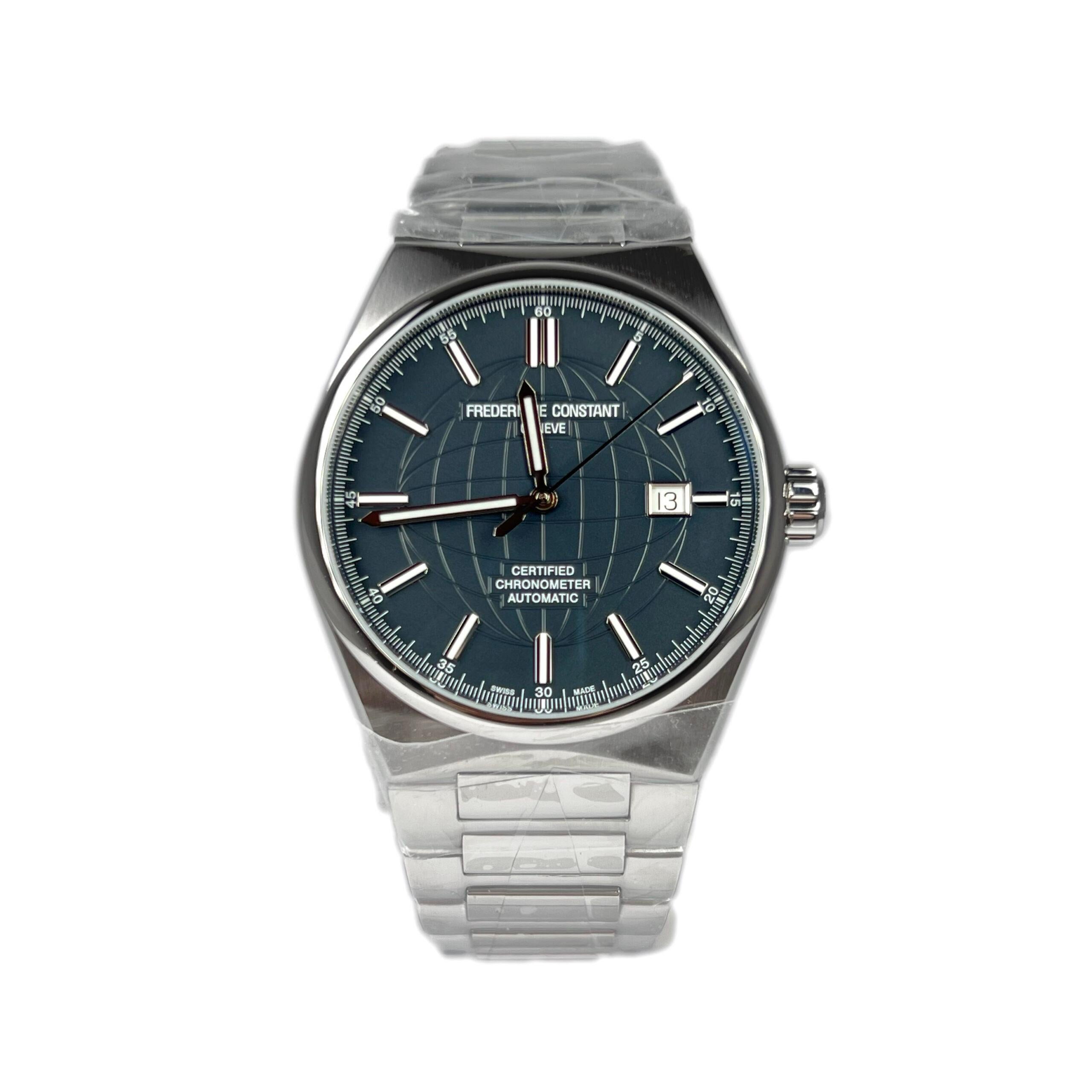 This Man’s Watch has a 41 mm stainless steel case with a stainless steel bracelet. Fixed stainless steel bezel. Bluish gray dial with luminous grey hands and index hour markers. Arabic numeral minute markers (at 5 minute intervals). Minute markers