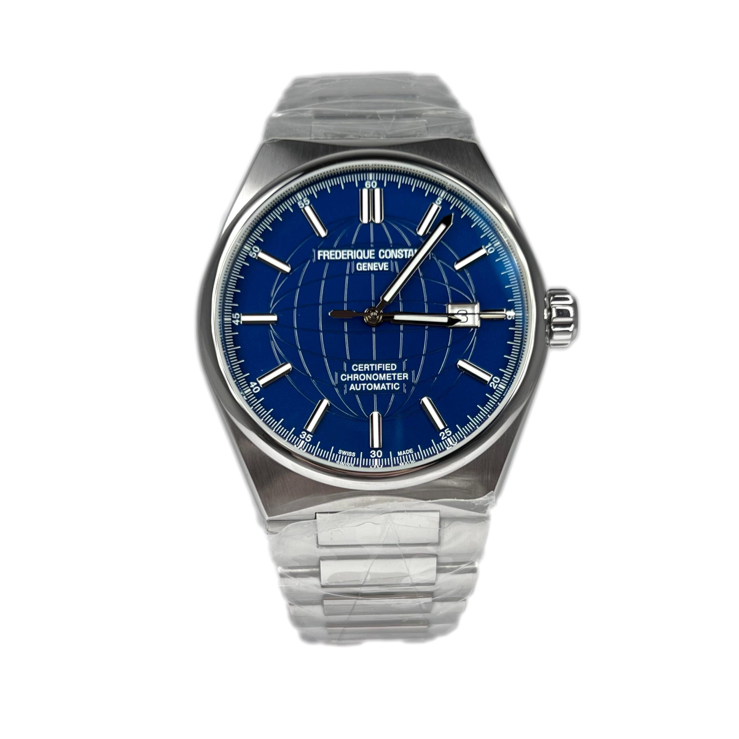 This Men’s Watch has a 41 mm stainless steel case with a stainless steel bracelet. Fixed stainless steel bezel. Blue dial with luminous grey hands and index hour markers. Arabic numeral minute markers (at 5 minute intervals). Minute markers around