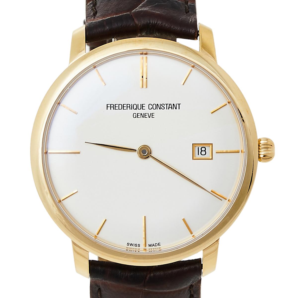 Contemporary Frederique Constant Silver Gold Plated Stainless Steel Leather Slimline FC-306X4