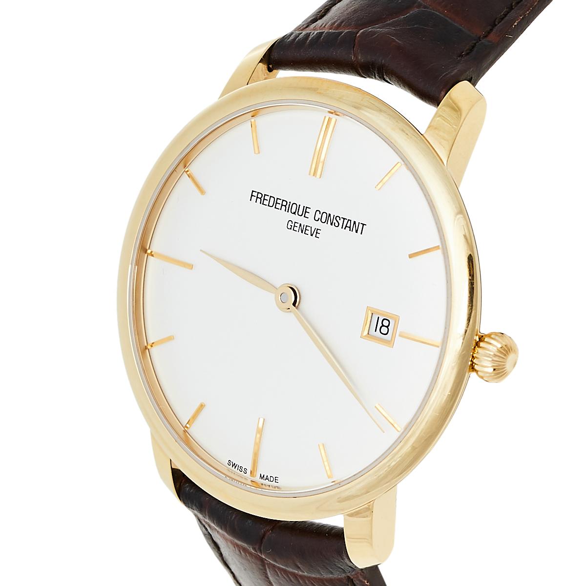 Frederique Constant Silver Gold Plated Stainless Steel Leather Slimline FC-306X4 In Good Condition In Dubai, Al Qouz 2