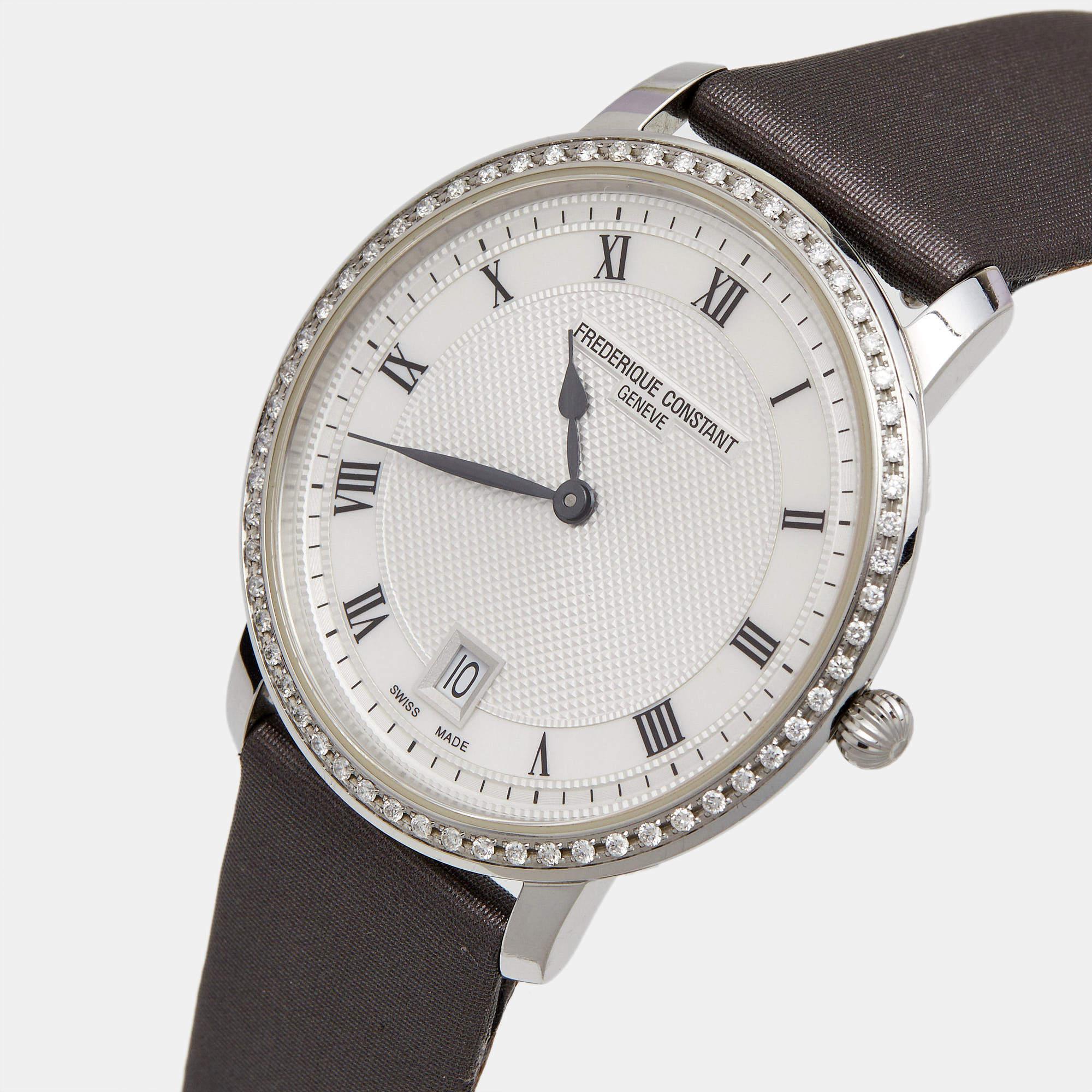 Contemporain Frederique Constant, montre-bracelet pour femme Slim Line en argent satiné et diamants 37 mm en vente