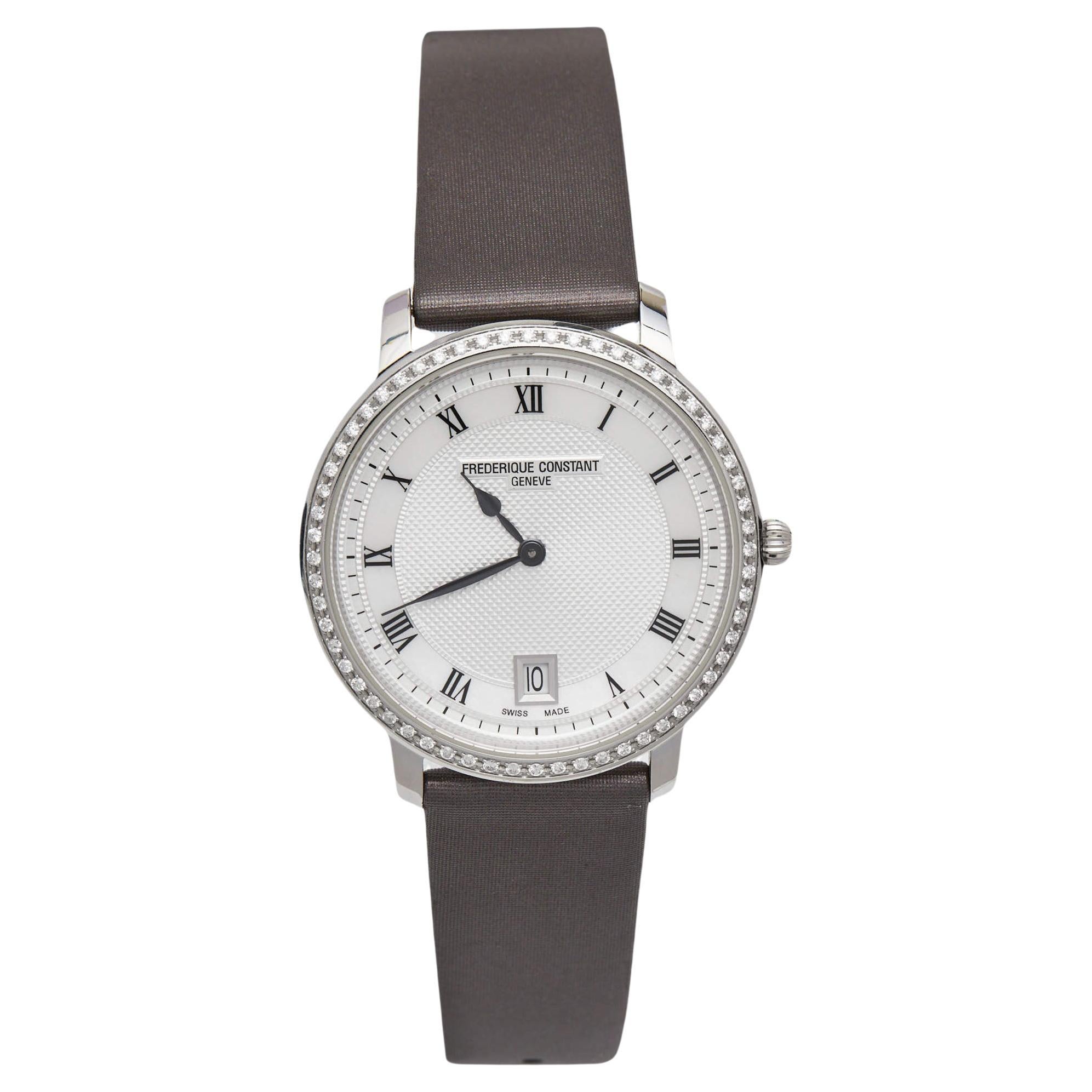 Frederique Constant Silver Satin Diamond Slim Line Women's Wristwatch 37 mm For Sale