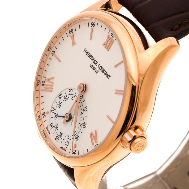 Created with precision and in true worship of the art of watchmaking, this beauty from Frederique Constant is worth the keep. Meticulously made from rose gold-plated stainless steel, the timepiece has a round case which is held by leather straps.