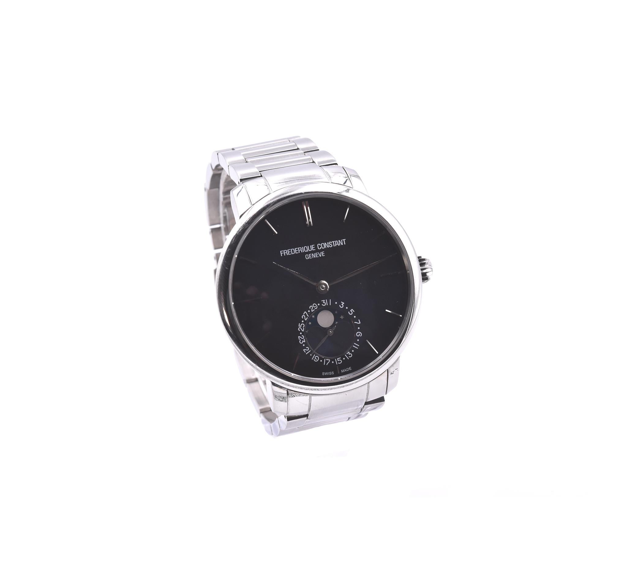 Movement: automatic
Function: hours, minutes, moon phase
Case: 42mm stainless steel case, sapphire crystal, smooth bezel
Band: stainless steel bracelet
Dial: blue dial with stainless steel hands and hour markers
Reference #: FC-705X454/5/6
Serial #: