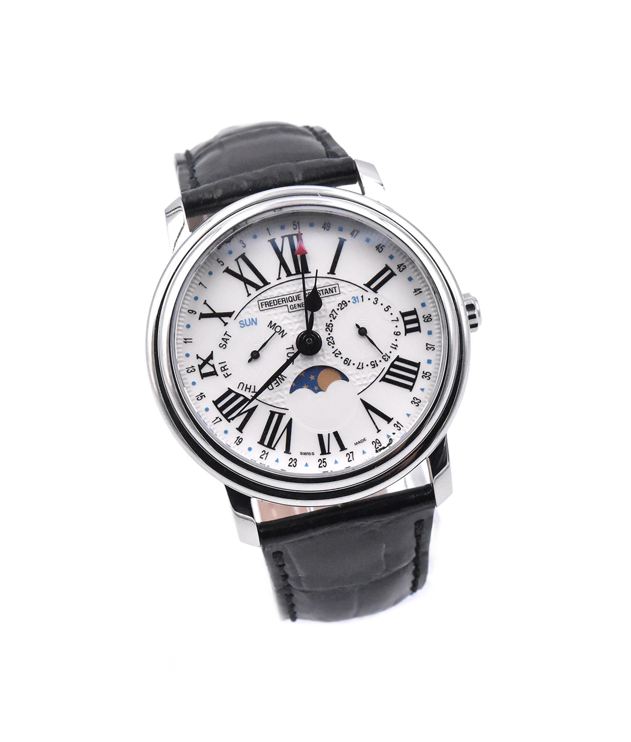 Movement: automatic
Function: hours, minutes, seconds, moonphase, calendar, week indicator
Case: 40mm stainless steel round casing
Bracelet: black leather strap
Dial: white dial, black roman numerals
Reference #: FC-270X4p4/5/6
Serial # 3664XXX

Box