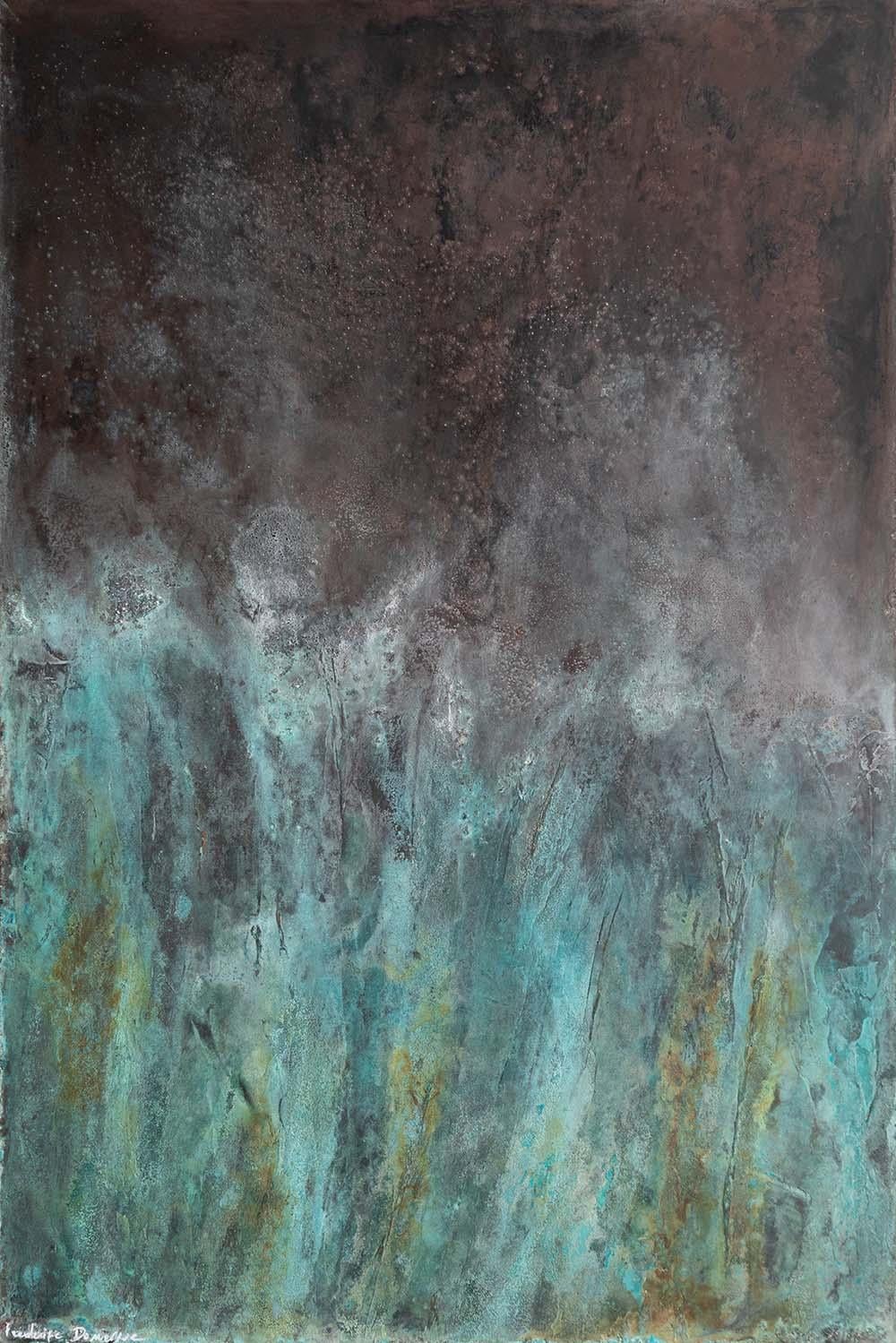 Abyss is a unique painting by French contemporary artist Frédérique Domergue. This painting is made with oxidized zinc and bronze leaves on aluminum, patina fixed with beeswax, dimensions are 150 x 100 cm (59.1 × 39.4 in).
The artwork is signed,