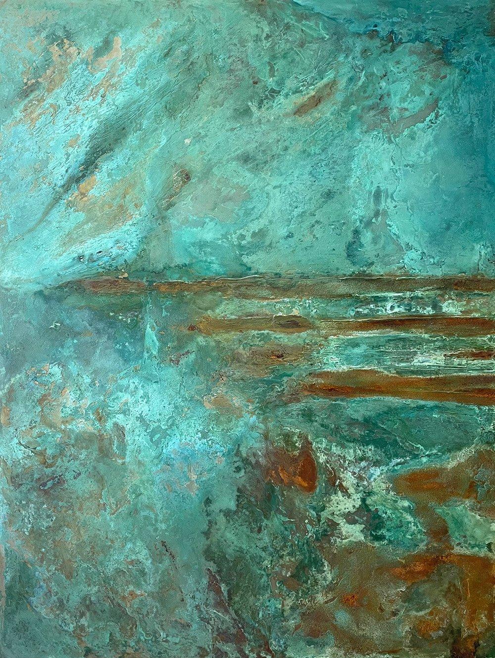 All the Sun on the Sea II is a unique painting by French contemporary artist Frédérique Domergue. This painting is made with oxidized zinc and bronze leaves on aluminium panel, patina fixed with beeswax, dimensions are 180 × 140 cm (70.9 × 55.1