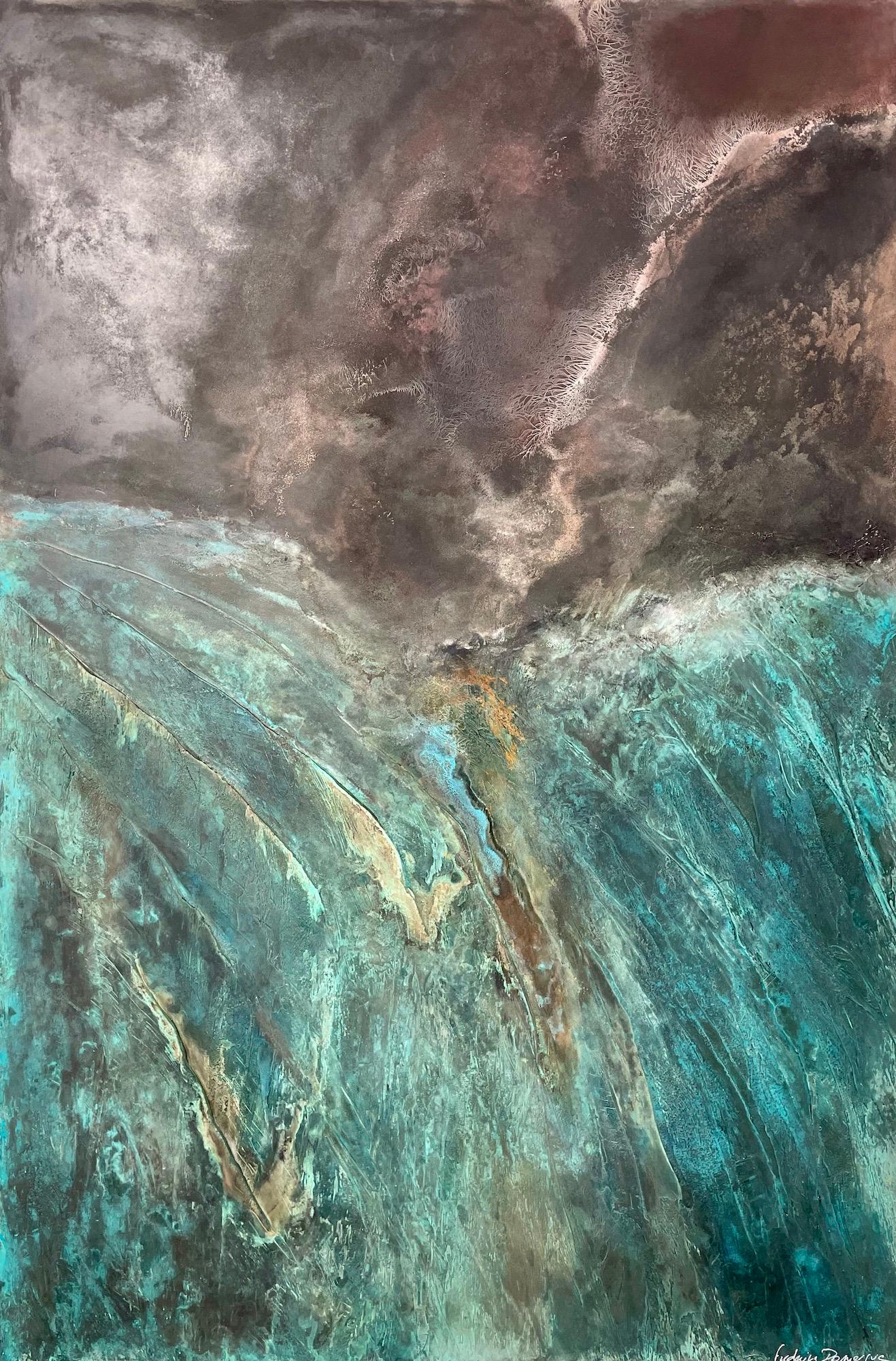 Confluences II is a unique painting by French contemporary artist Frédérique Domergue. This painting is made with oxidized zinc and bronze leaves on aluminium, patina fixed with beeswax, dimensions are 150 × 100 cm (59.1 × 39.4 in).
The artwork is