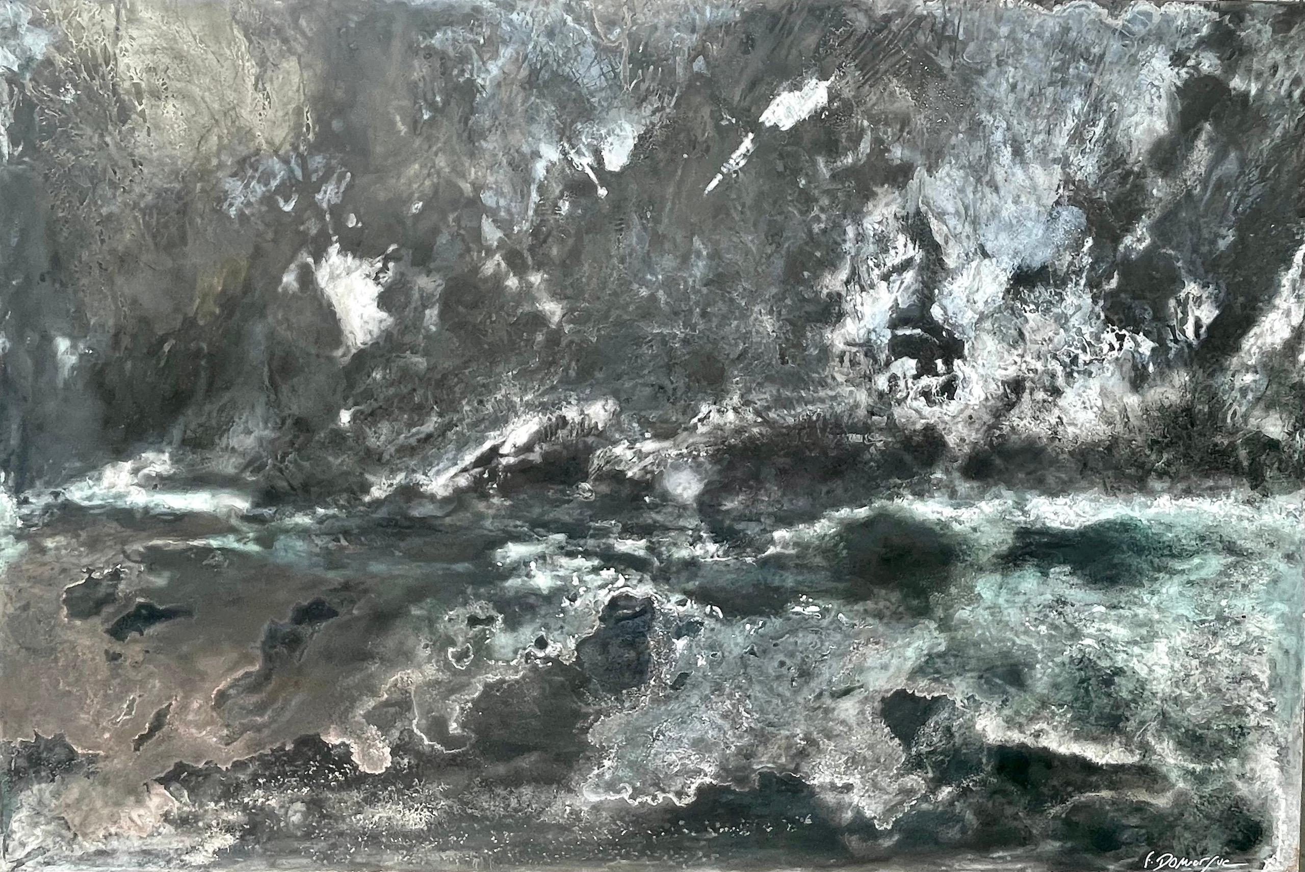 Danza de sombras es un cuadro único del artista contemporáneo francés Frédérique Domergue. Esta pintura está hecha con zinc oxidado y hojas de bronce sobre panel de aluminio alveolar, pátina fijada con cera de abeja; sus dimensiones son 100 × 150